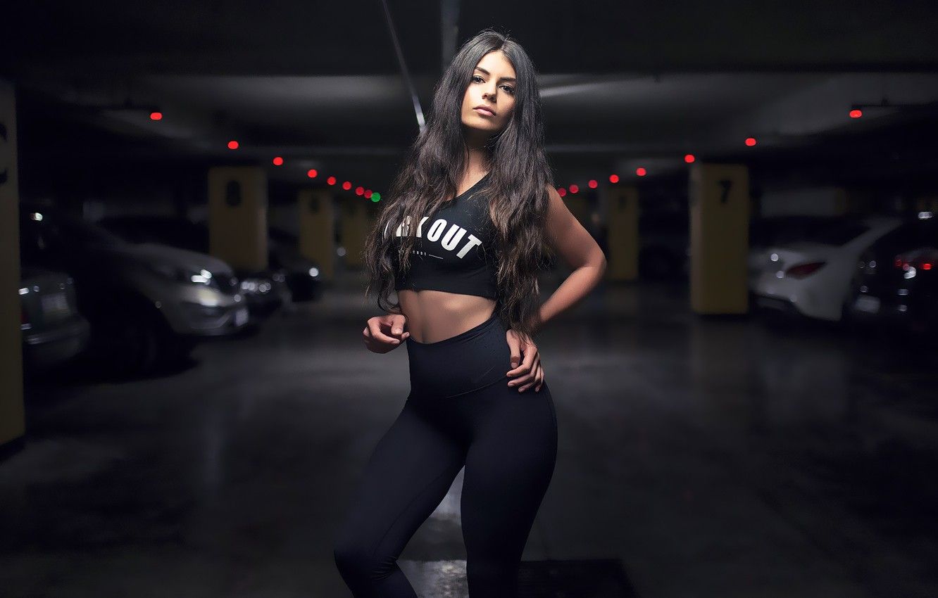 Wallpaper girls, beautiful, model, beauty, women, brunette, tummy, parking lot, Black clothes image for desktop, section девушки