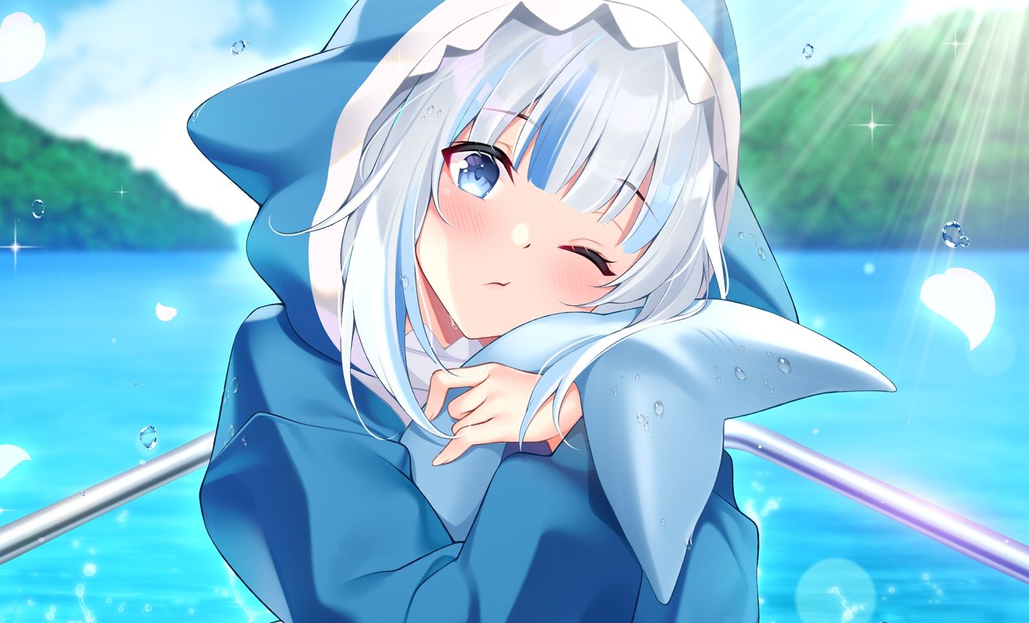 blue eyes blush close gawr gura gray hair hololive hoodie panties tail underwear uosaasou water wink. konachan.com.com Anime Wallpaper