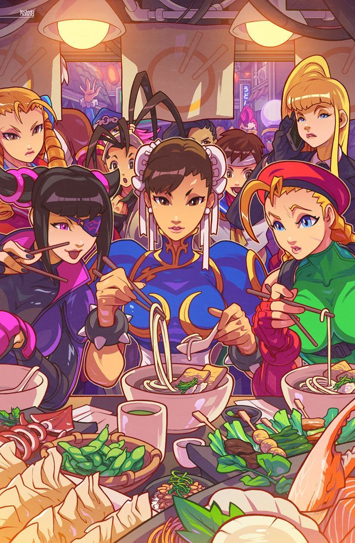 Here's an illustration of the Street Fighter gals eating Udon A redraw of an older illustrati. Street fighter characters, Street fighter art, Cammy street fighter