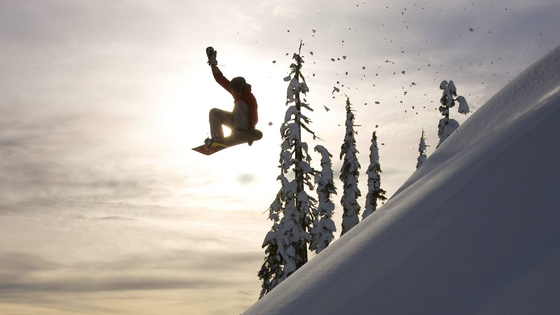 Download Wallpaper 1920x1080 snowboard, jump, descent, evening Full HD 1080p HD Background