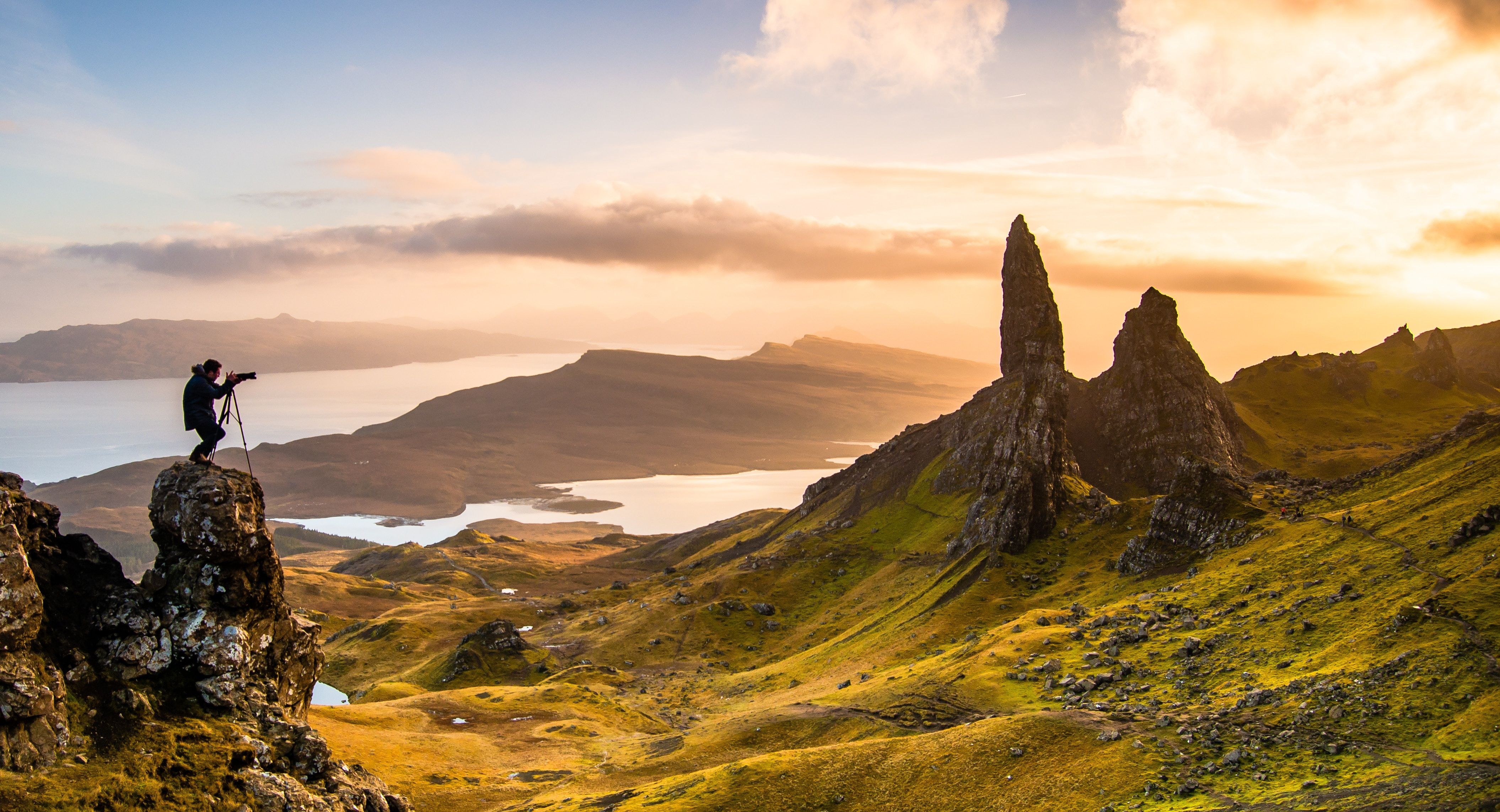 4221x2286 #outdoors, #nature, #scenery, #mountain range, #person, # wallpaper, #Public domain image, #cool background, #computer background, #old man of storr, #panoramic, #hd background, #landscape, #mountain, #sky, #background, #united