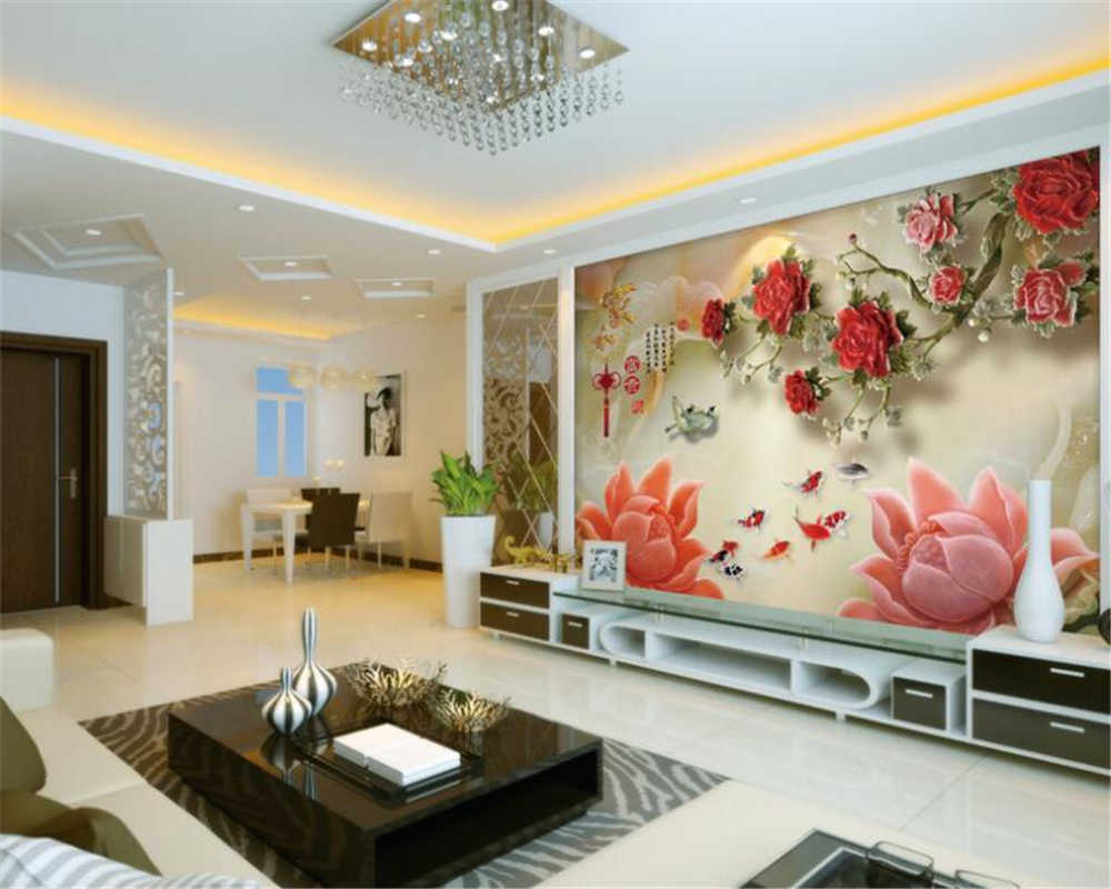 beibehang Classic personality wall paper jade carved rose house and rich lotus fish background wall 3D wallpaper papier peint. roses house. papier peint3D wallpaper