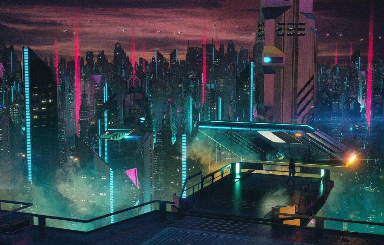 Wallpaper Music, The city, Skyscrapers, Fiction, Cyber, Cyberpunk, Synth, Retrowave, Synthwave, New Retro Wave, Futuresynth, Sintav, Retrouve, Outrun, Retro Synthwave, David Legnon image for desktop, section фантастика
