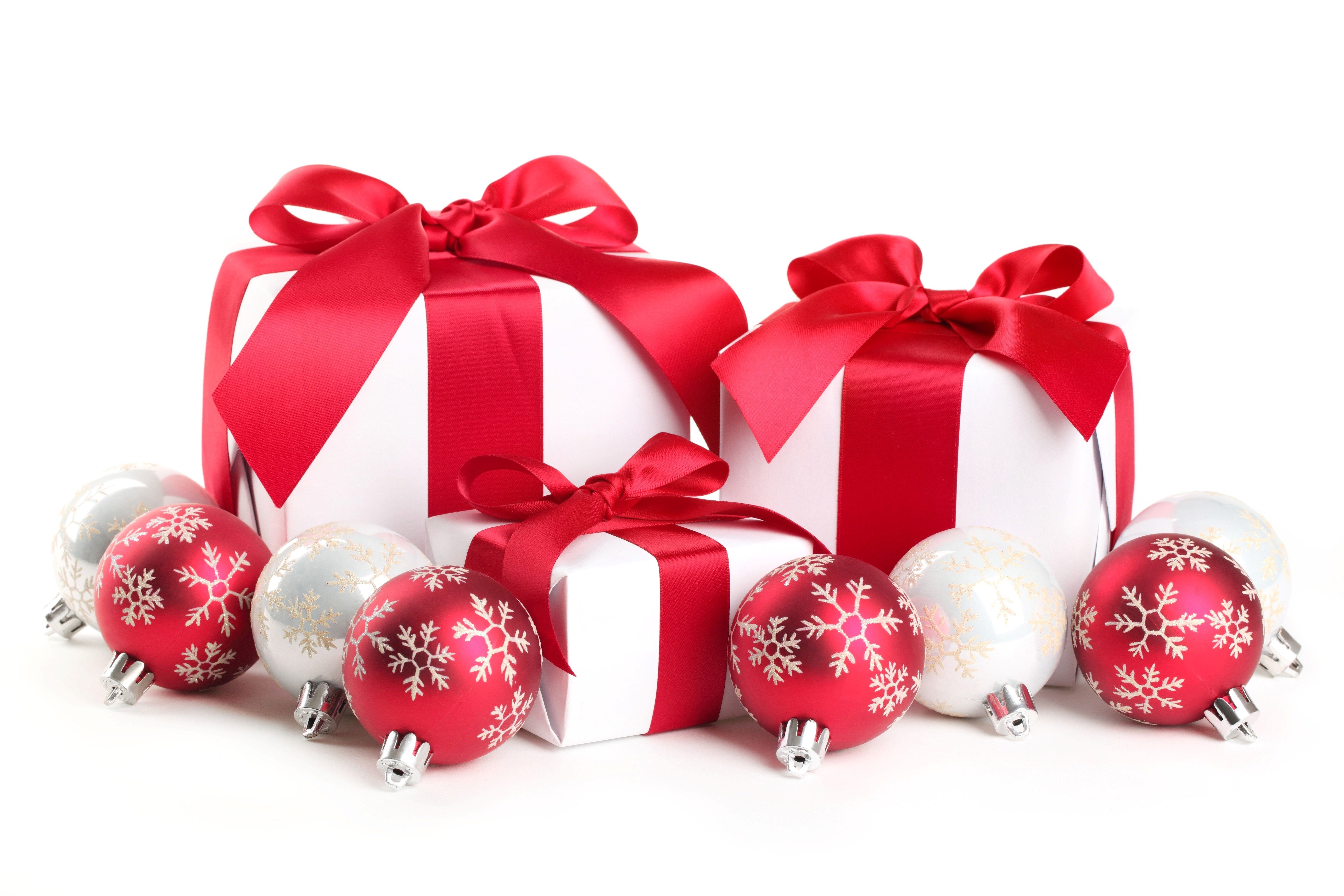 Red and White Christmas Balls and Gifts Wallpaper