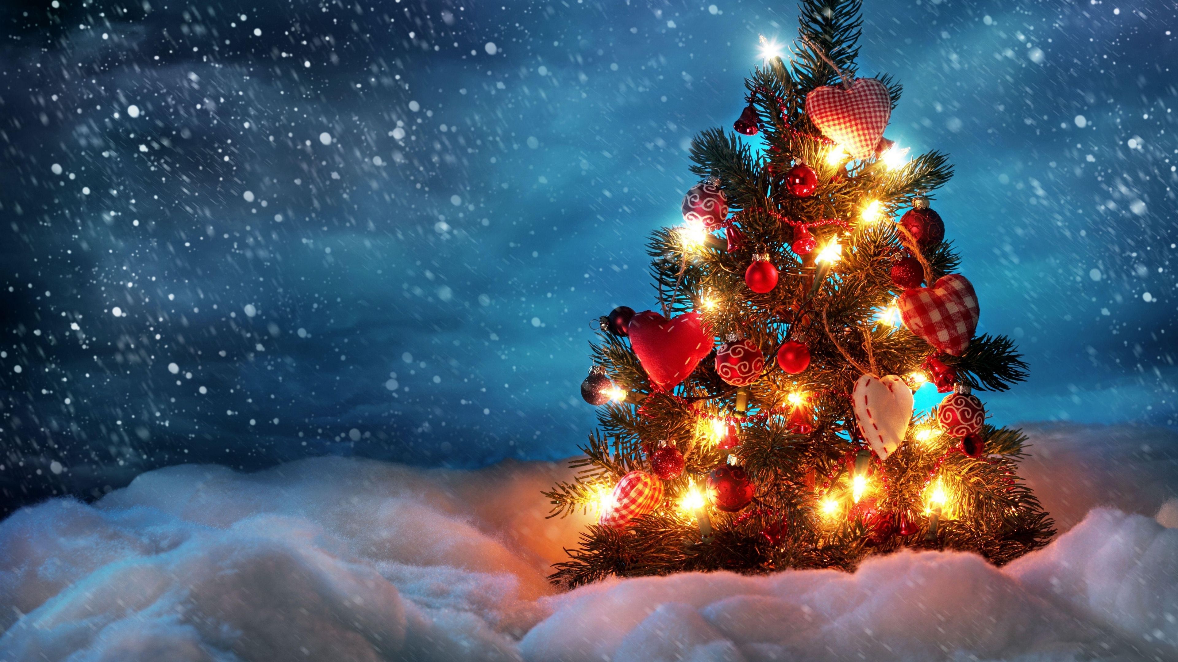 Wallpaper 4k tree, new year, christmas, snow, holiday, night, garland 4k Christmas, new year, tree
