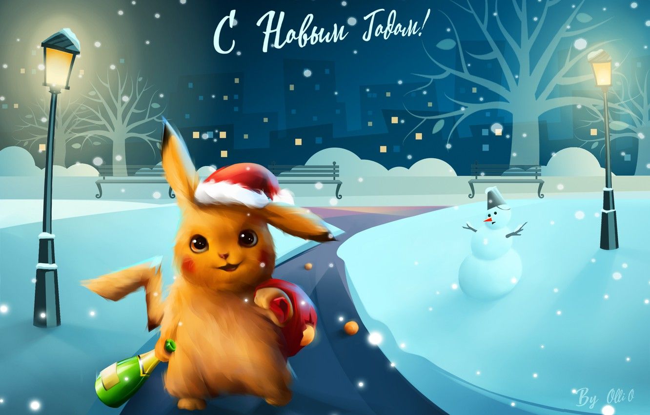 Wallpaper Winter, Night, Snow, Christmas, Snowflakes, Background, New year, Holiday, snow, New Year, Illustration, Pikachu, Snowman, Snowman, snow - for desktop, section новый год