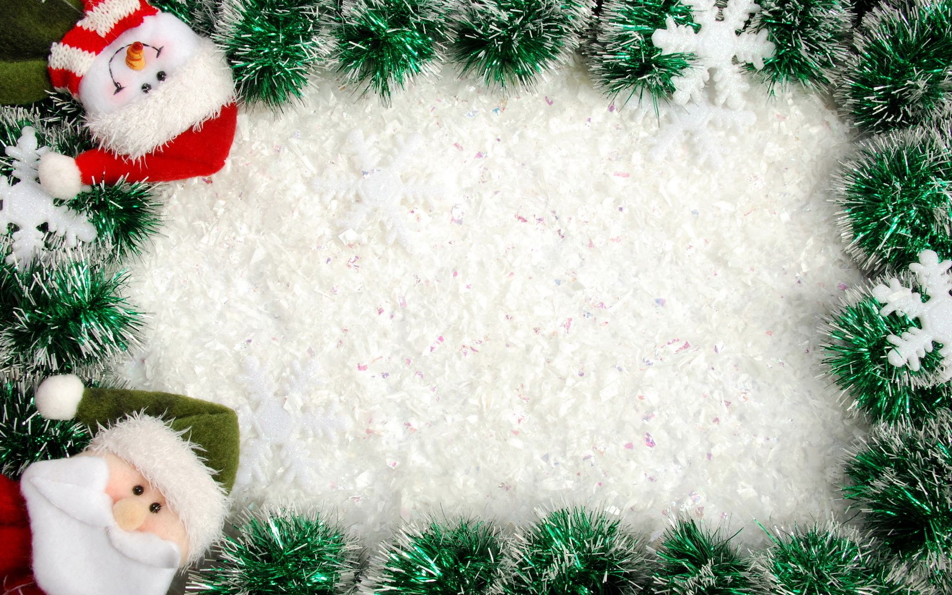 Download wallpaper Christmas frame, snow texture, Happy New Year, Santa Clauses, gnomes, winter, snow, Christmas, green tree, for a Christmas card for desktop with resolution 1920x1200. High Quality HD picture wallpaper