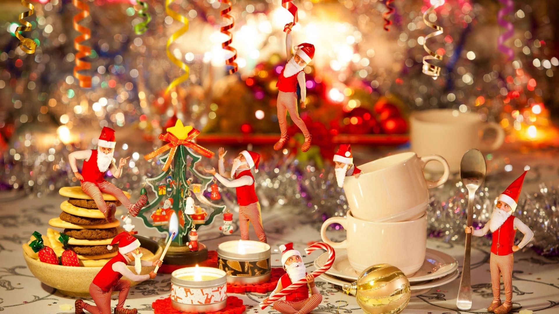 Download Wallpaper 1920x1080 gnomes, christmas tree, candles, table, cup Full HD 1080p HD Background