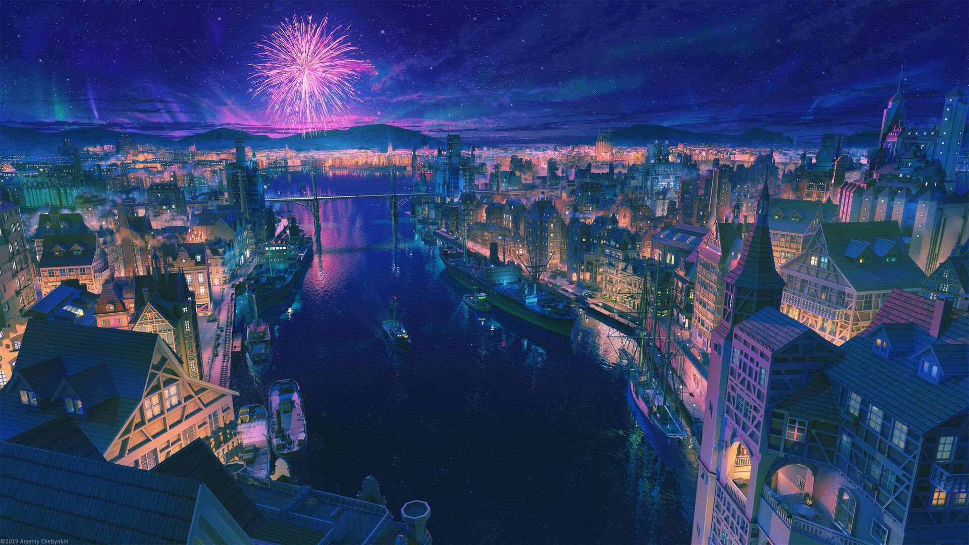 Night Port, Arseniy Chebynkin. Anime city, Anime scenery, Scenery wallpaper