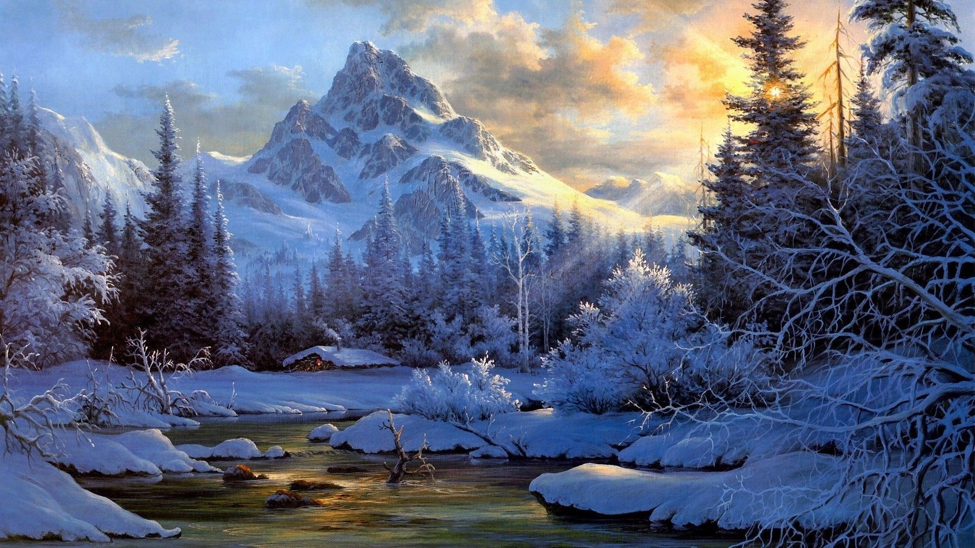 Winter Paintings With Snow. Mountain landscape painting, Winter landscape, Winter scenery