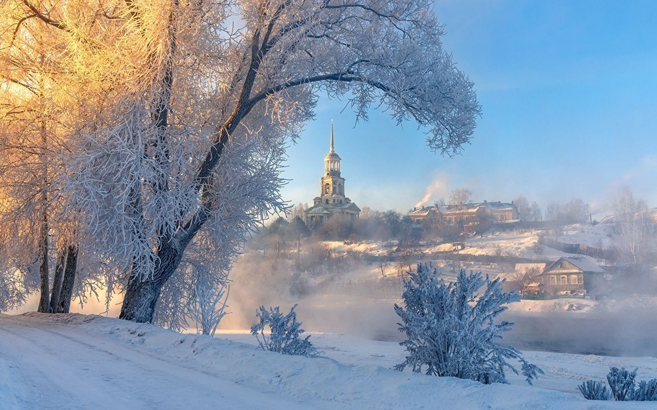 Image Church Russia Torzhok, Tver region Fog Winter Snow Trees