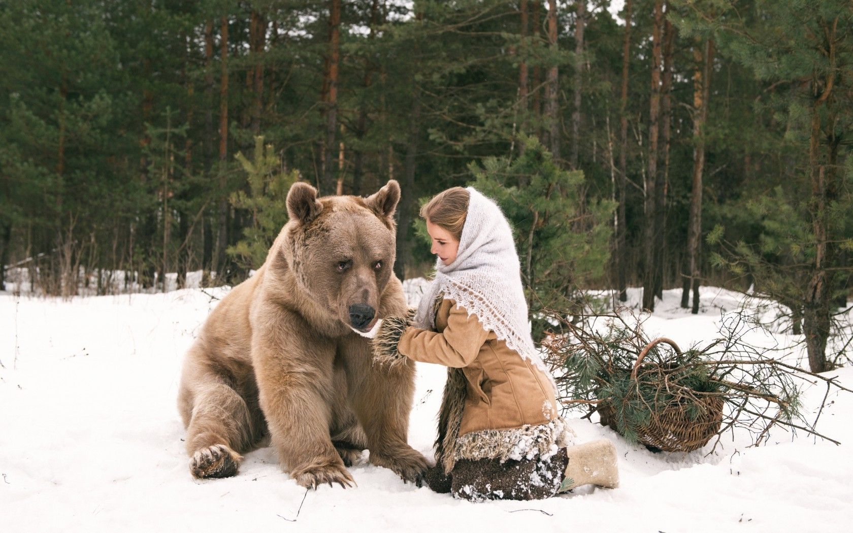women, Fantasy Art, Winter, Snow, Bears, Animals Wallpaper HD / Desktop and Mobile Background