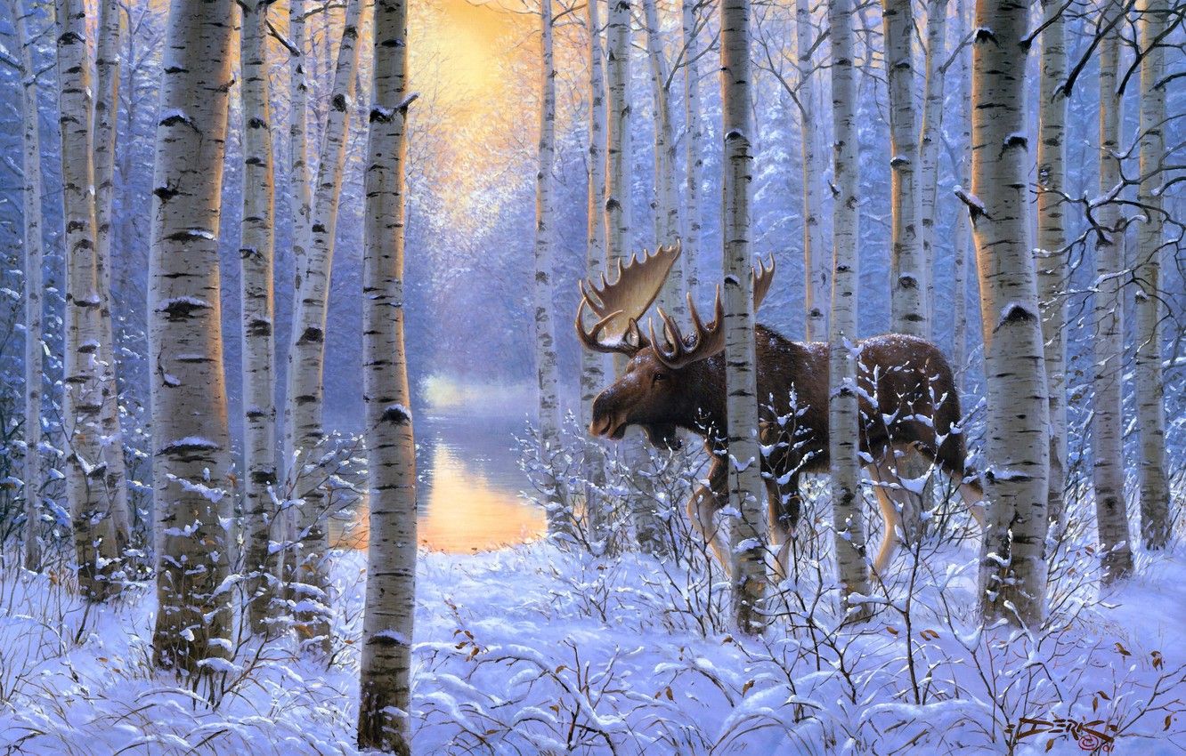 Wallpaper winter, forest, animals, snow, painting, moose, On the Move, Derk Hansen image for desktop, section живопись