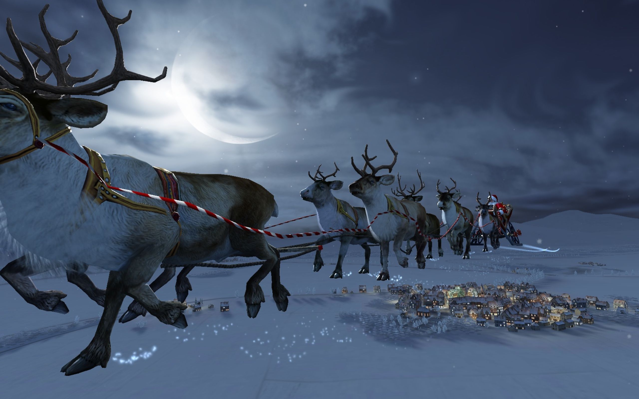 Download wallpaper winter, snow, magic, the moon, stars, a month, Christmas, houses, moon, Santa Claus, deer, Christmas, snow, stars, Santa Claus, Rudolf, section new year / christmas in resolution 2560x1600
