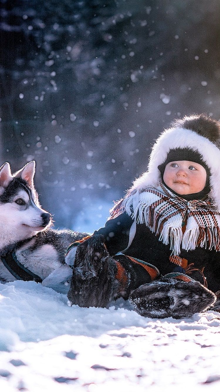 Child And Husky Dog In Winter, Snow 750x1334 IPhone 8 7 6 6S Wallpaper, Background, Picture, Image