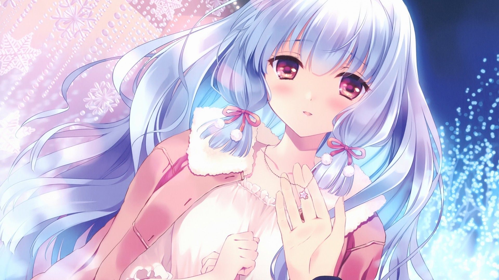 Download 1920x1080 Cute Anime Girl, Silver Hair, Winter, Romance, Couple, Hands Wallpaper for Widescreen