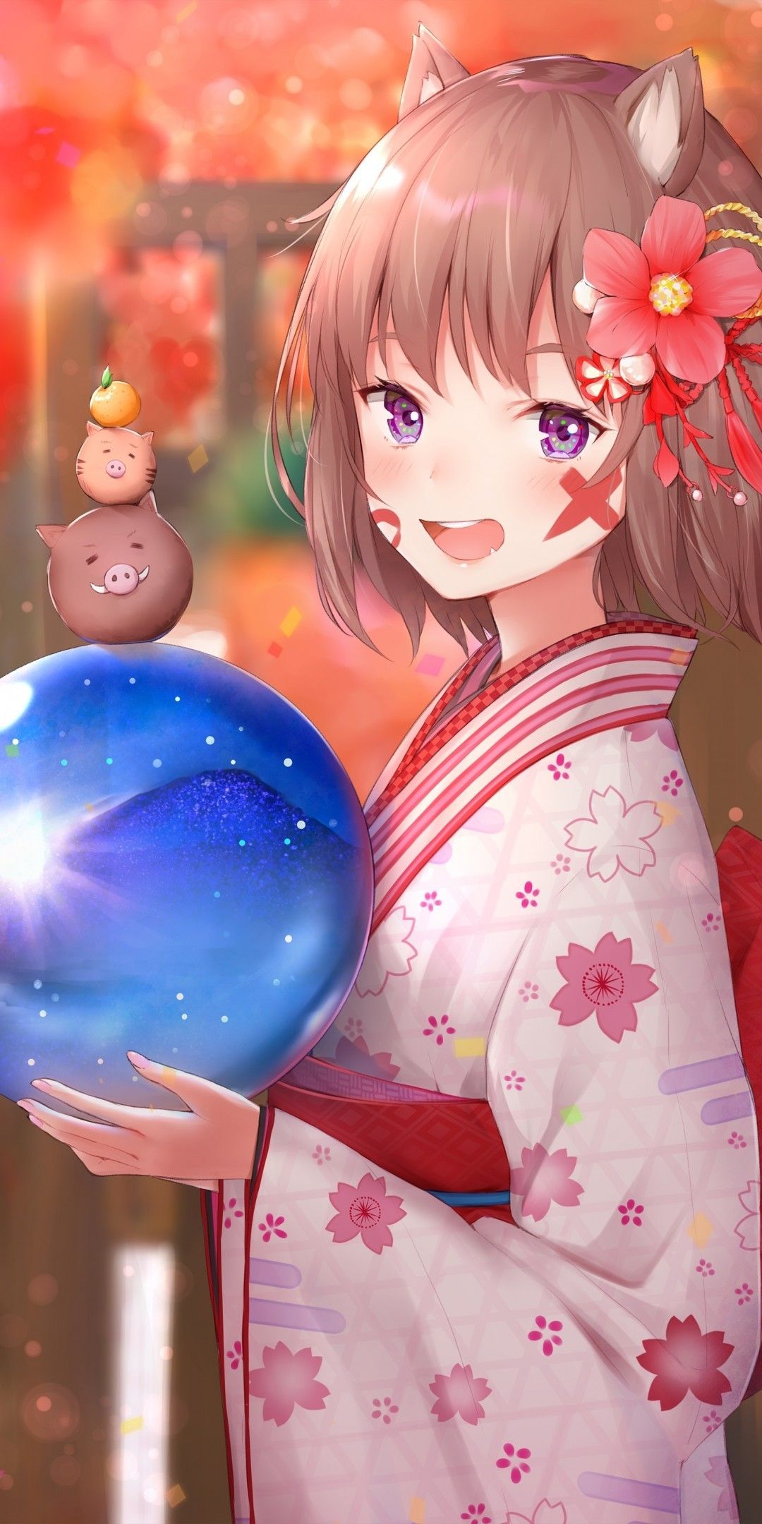 Download 1080x2160 Cute Anime Girl, Brown Hair, Smiling, Animal Ears, Kimono, Festival, Autumn Wallpaper for Huawei Mate 10