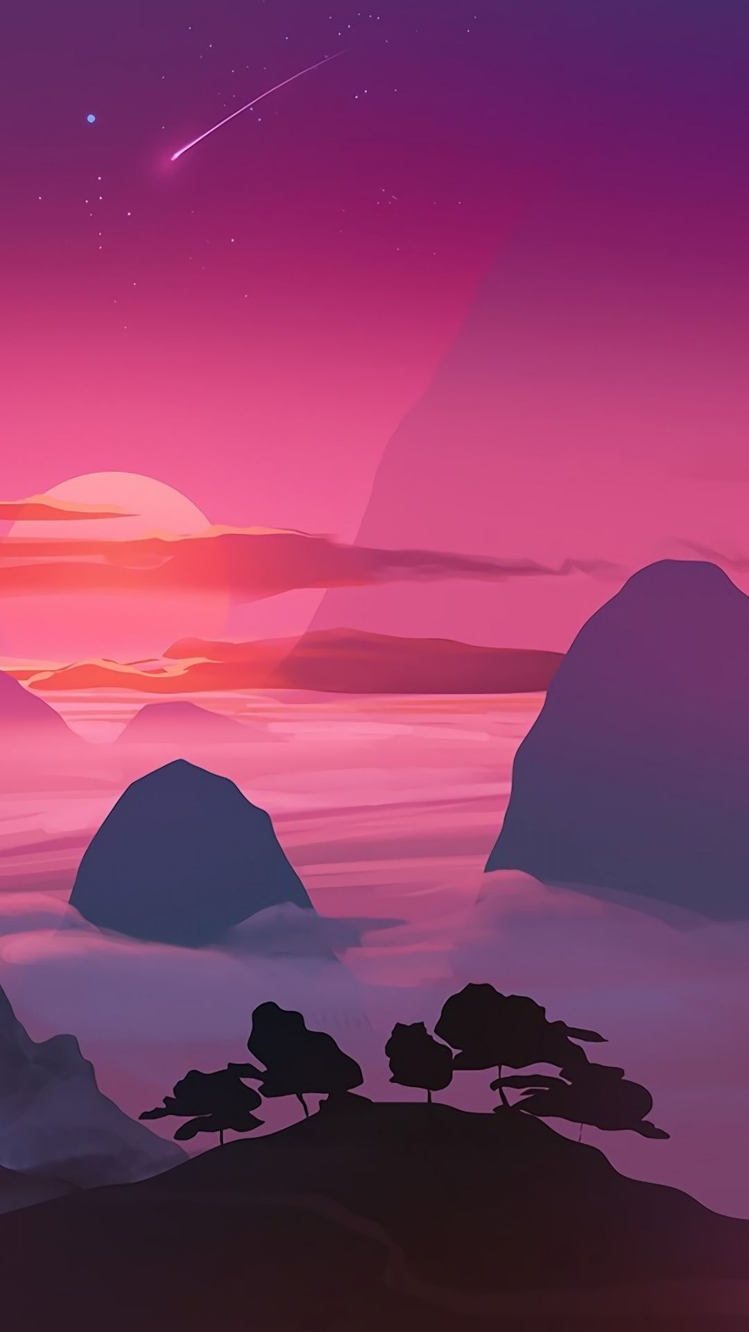 Pink sunset, minimal, mountains, aerial view wallpaper. Android wallpaper nature, View wallpaper, Beautiful wallpaper background