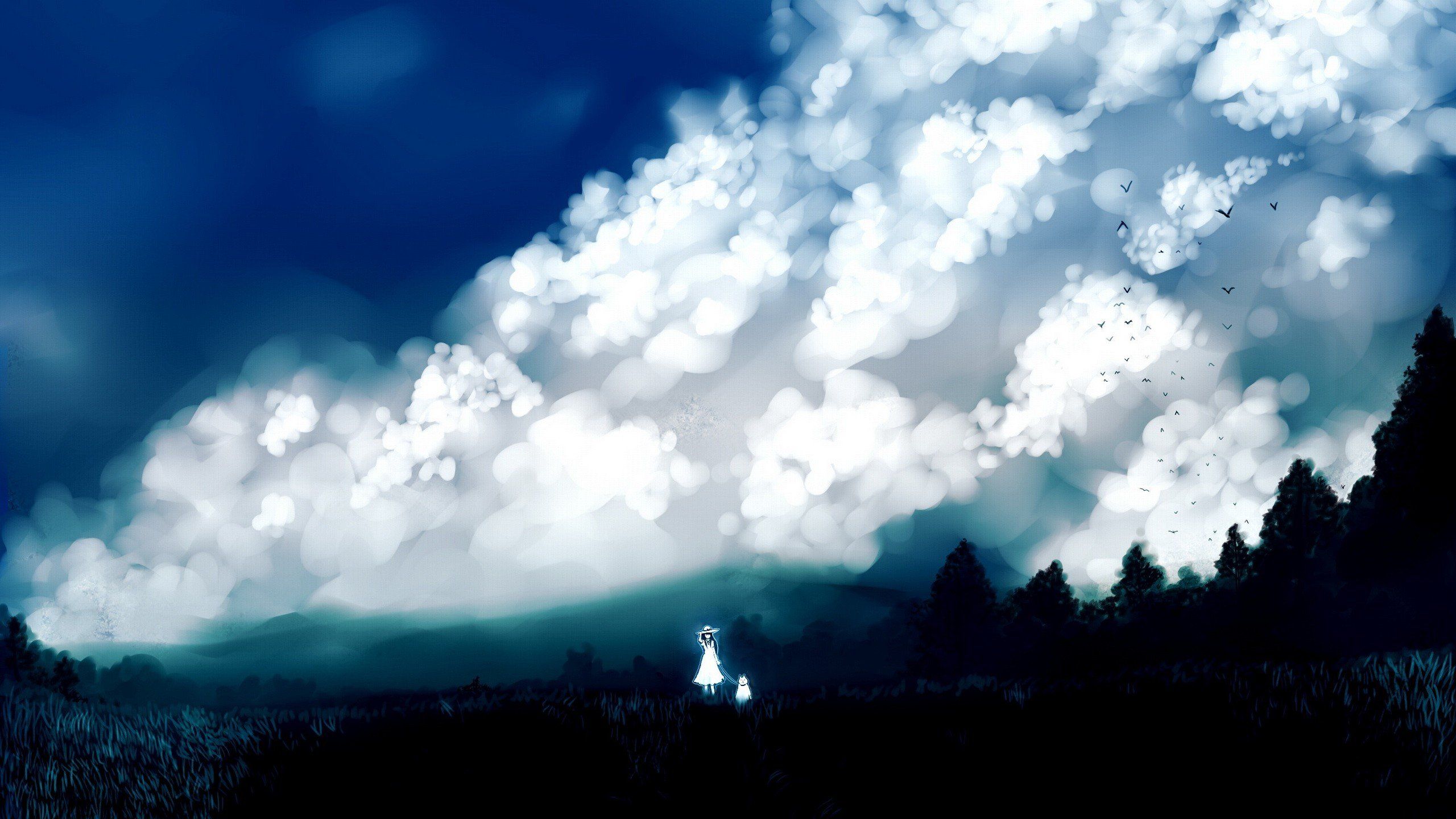 clouds, Landscapes, Nature, Trees, Dress, Forests, Birds, Grass, Dogs, Long, Hair, Outdoors, Scenic, White, Dress, Skyscapes, Hats, Anime, Girls, Black, Hair, Skies, Original, Characters Wallpaper HD / Desktop and Mobile Background