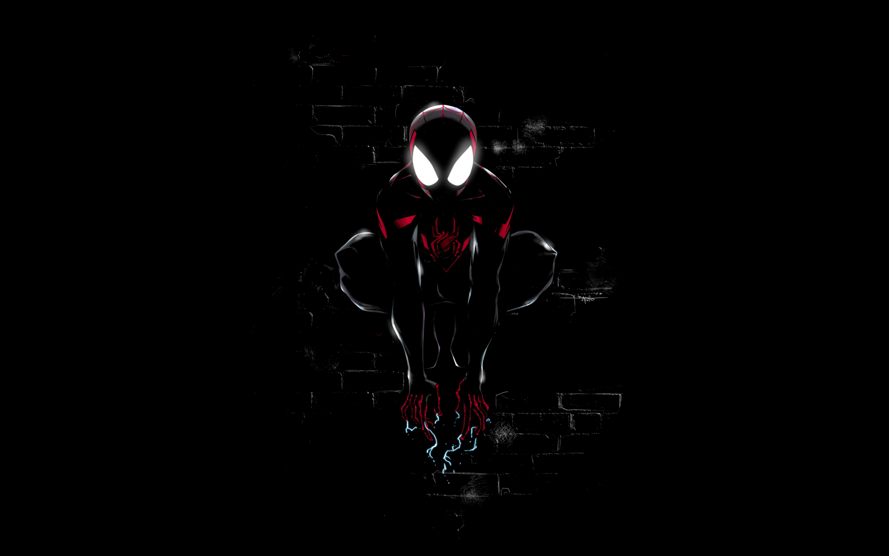 Miles Morales Wallpaper 4K, Spider Man, Dark, Black Background, Artwork, 5K, Graphics CGI