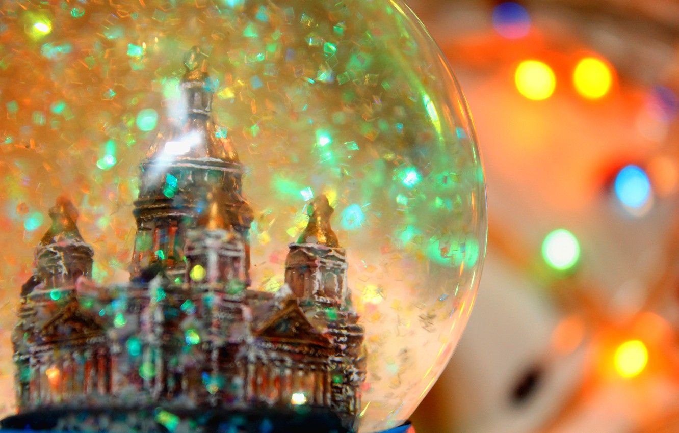 Wallpaper joy, holiday, sequins, Christmas, Cathedral, waiting, garland, snow globe image for desktop, section новый год