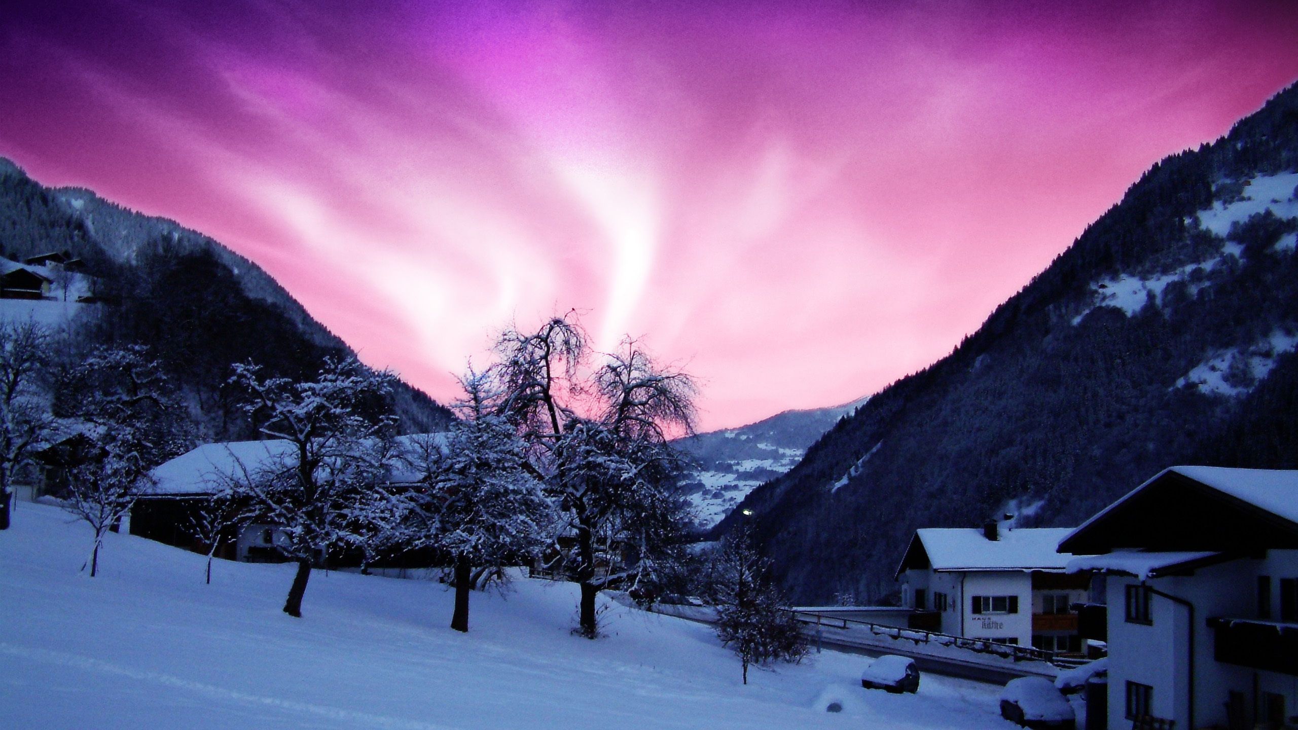 HD Beauty Of The Northern Lights Purple Sky Cold Winter House HD Wallpaper Of Northern Lights Wallpaper