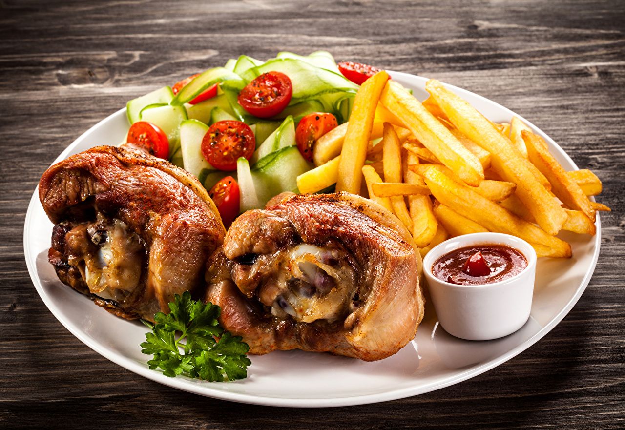 Wallpaper French fries Ketchup Roast Chicken Food Plate Vegetables