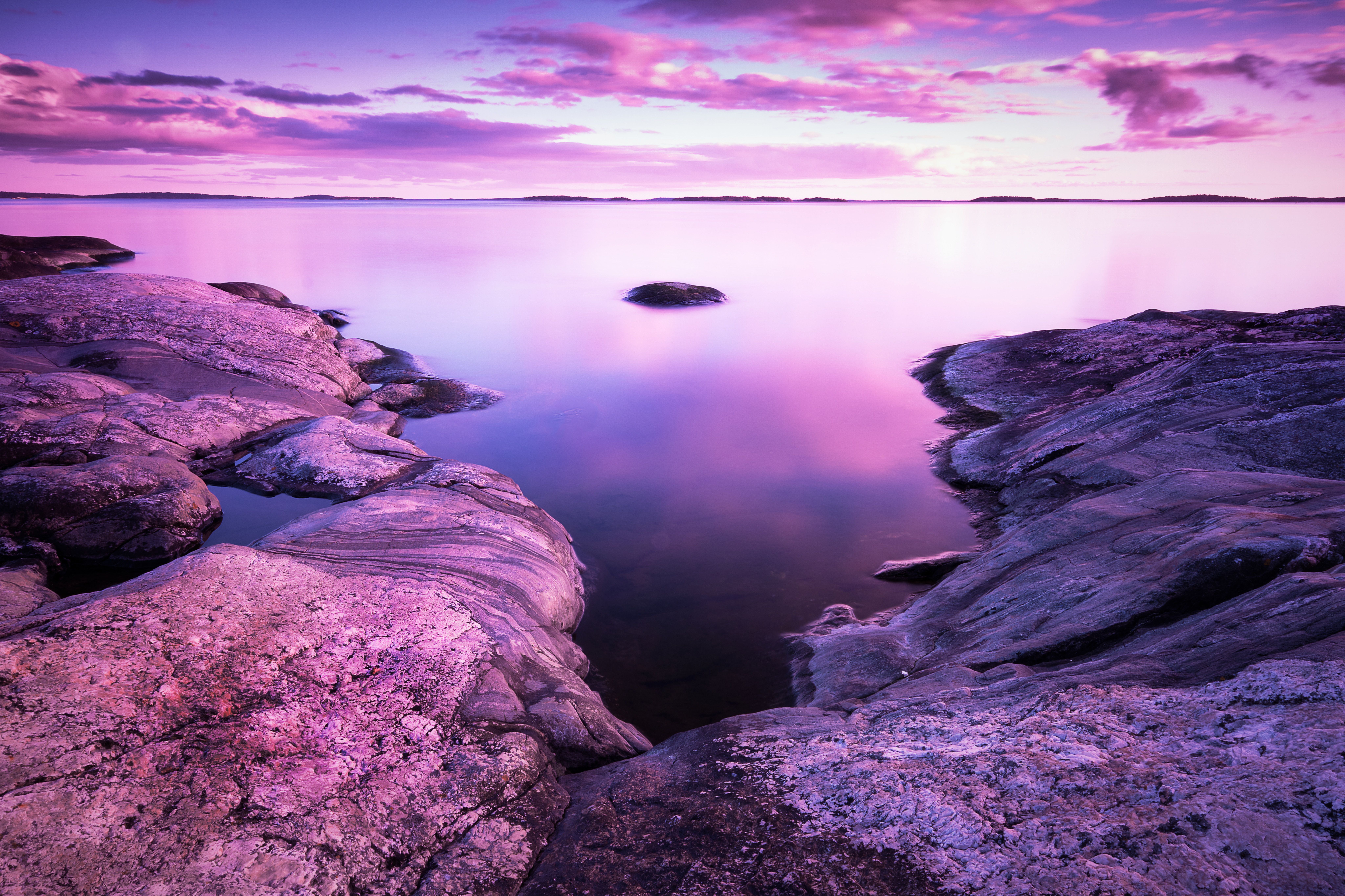 Sunset 4K Wallpaper, Scenery, Rocks, Lake, Purple sky, Pink, 8K, Nature