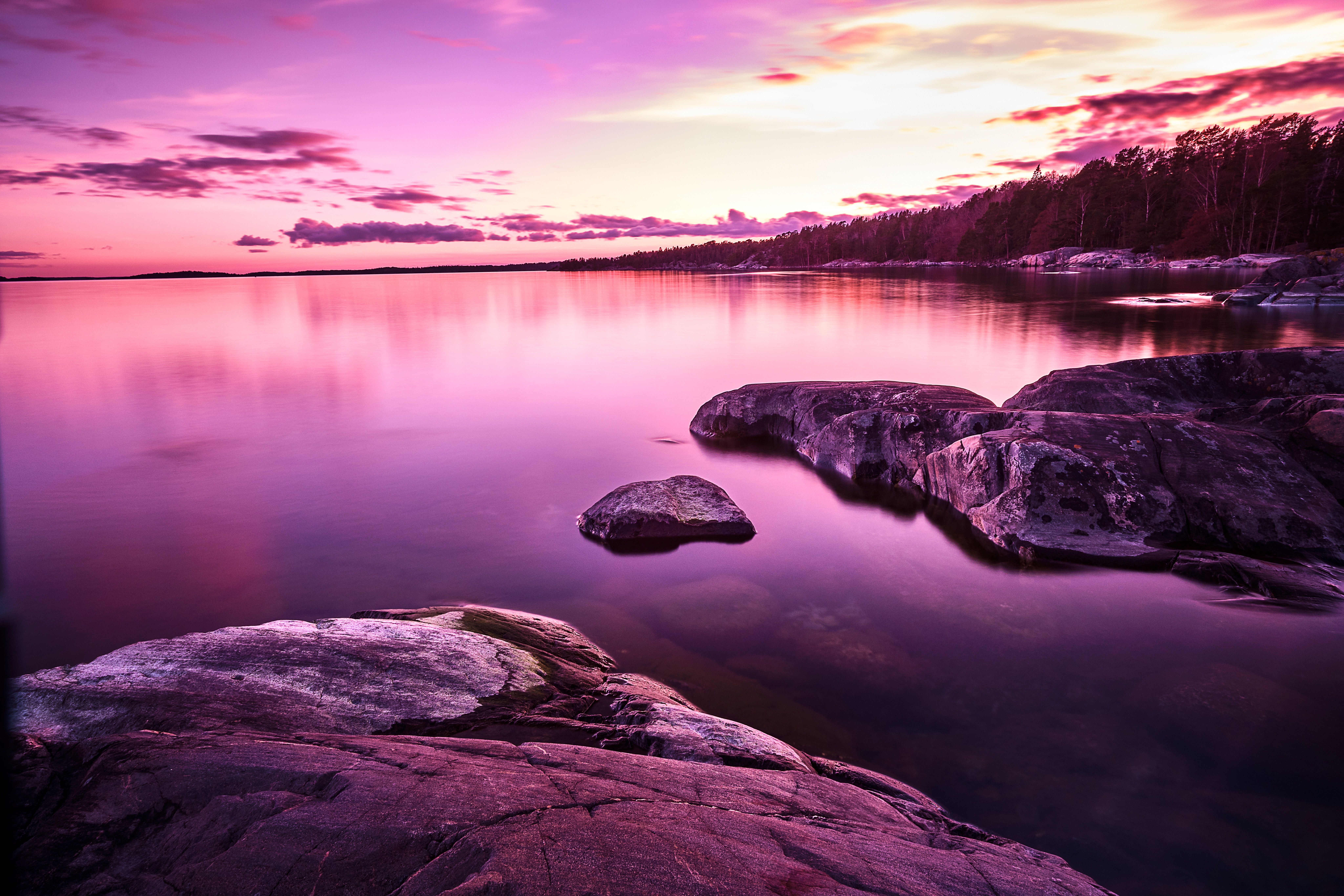 Sunset Wallpaper 4K, Lake, Purple, Pink sky, Scenery, Body of Water, Nature