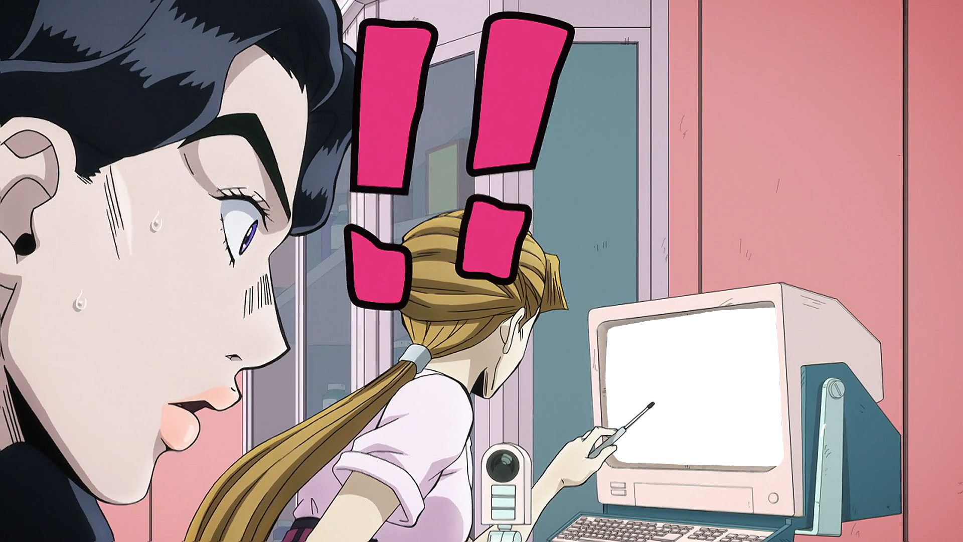 Yukako is shocked by the PC. JoJo's Bizarre Adventure
