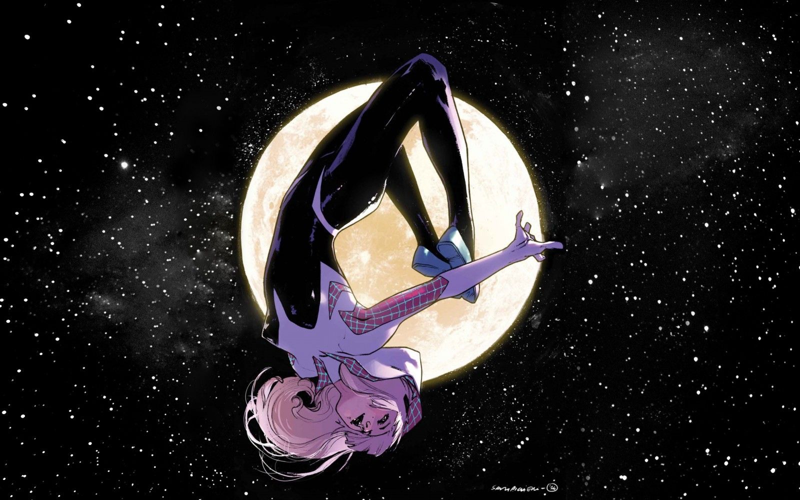 #Spider Man, #Marvel Comics, #Spider Gwen, #Moon, #stars, #Gwen Stacy, Wallpaper