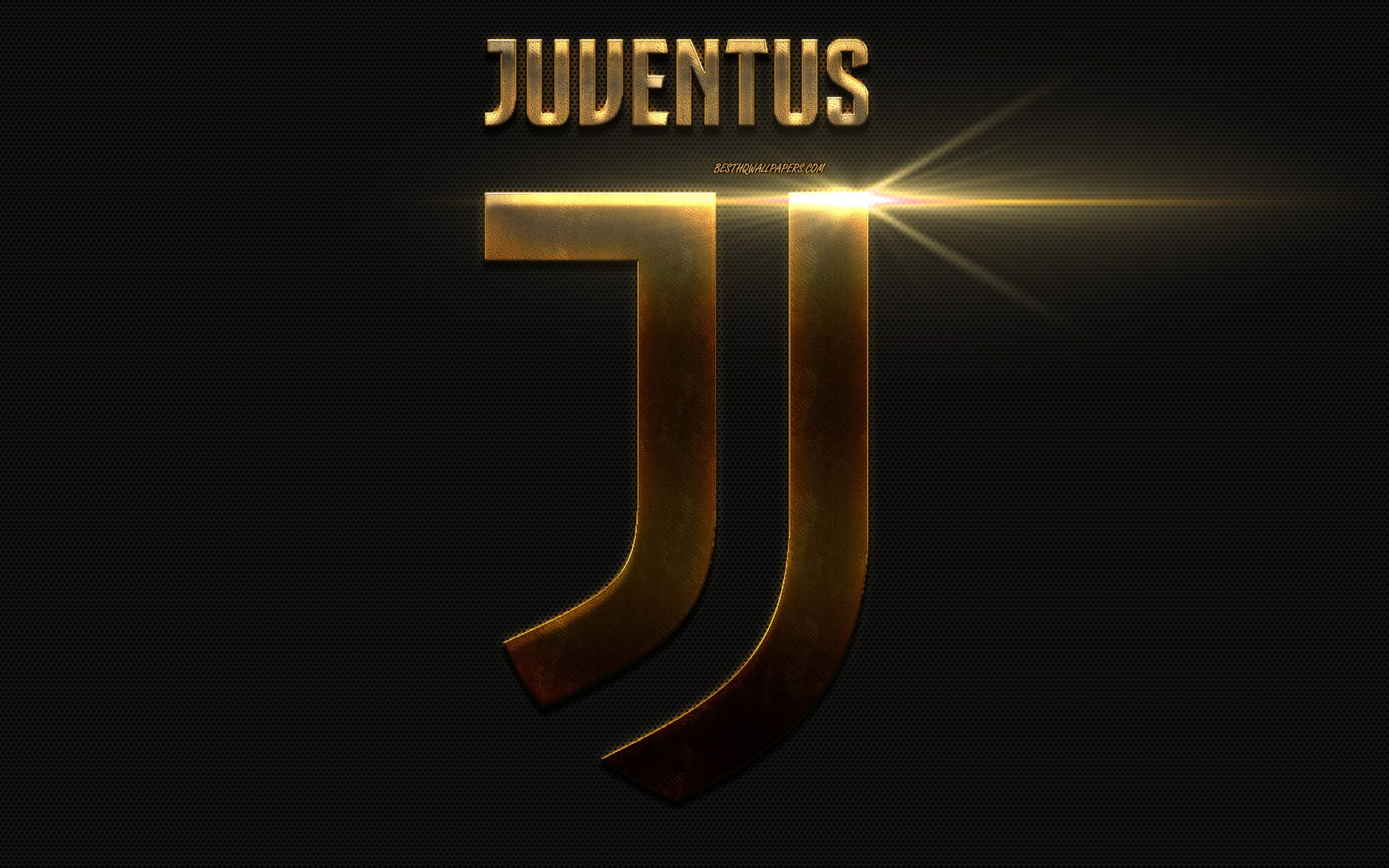 Download wallpaper Juventus FC, gold metal logo, Italian football club, new emblem, neon light, metal mesh texture, Turin, Italy, Serie A, Juve for desktop with resolution 2560x1600. High Quality HD picture wallpaper