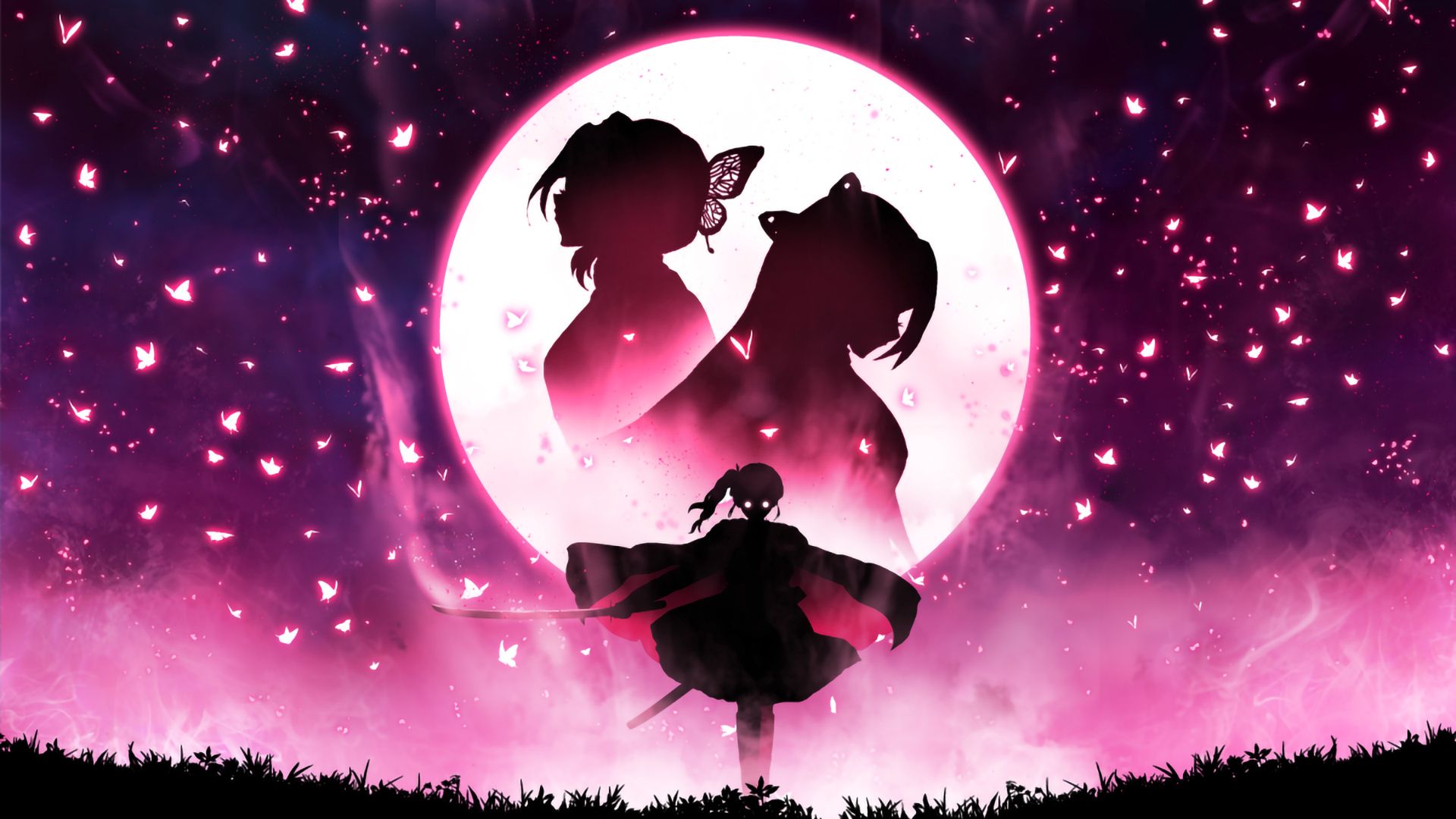 Demon Slayer Kanae Kocho Kanao Tsuyuri Shinobu Kochou With Background Of Image On Moon And Lighting Butterflies HD Anime Wallpaper