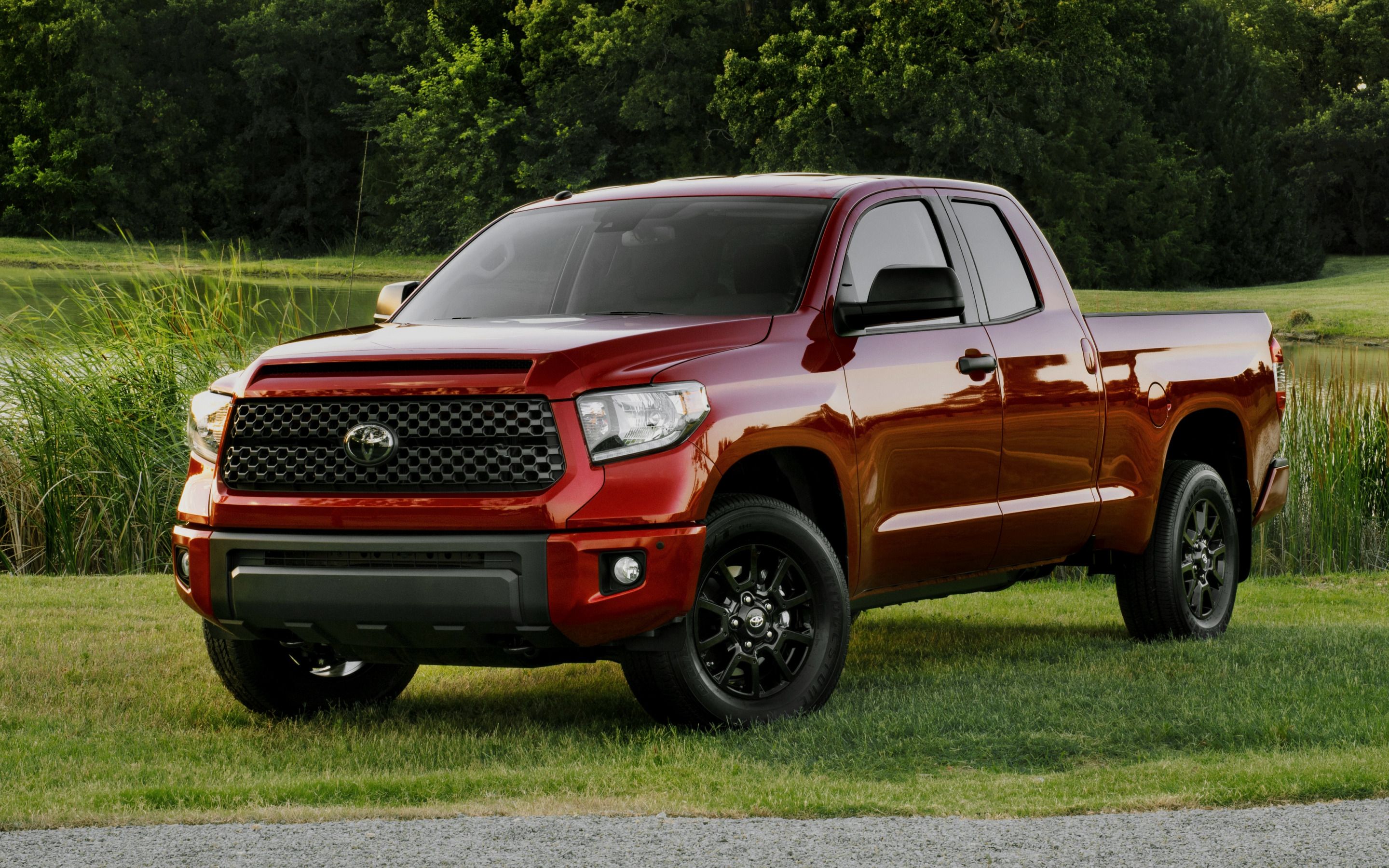 Download wallpaper Toyota Tundra, red pickup truck, exterior, front view, new red Tundra, japanese cars, Toyota for desktop with resolution 2880x1800. High Quality HD picture wallpaper