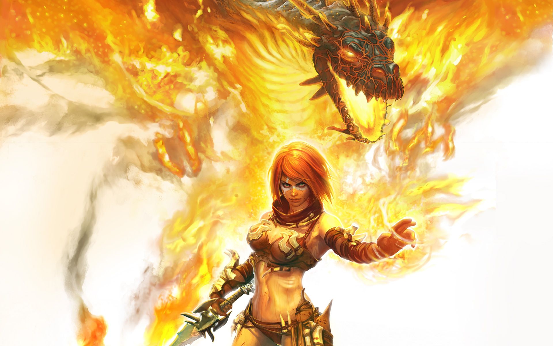 golden, Axe, Beast, Rider, Girl, Fire, Dragon, Head, Magic, Sword, Fantasy Wallpaper HD / Desktop and Mobile Background
