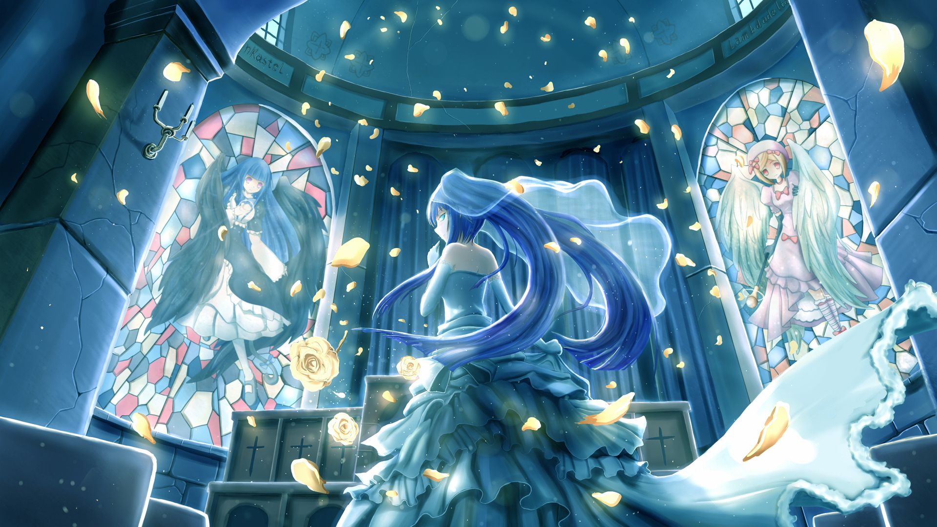 blue, Eyes, Blue, Hair, Dress, Flowers, Frederica, Bernkastel, Furudo, Erika, Lambdadelta, Night, Petals, Umineko, No, Naku, Koro, Ni, Zen, weishanzhe Wallpaper HD / Desktop and Mobile Background