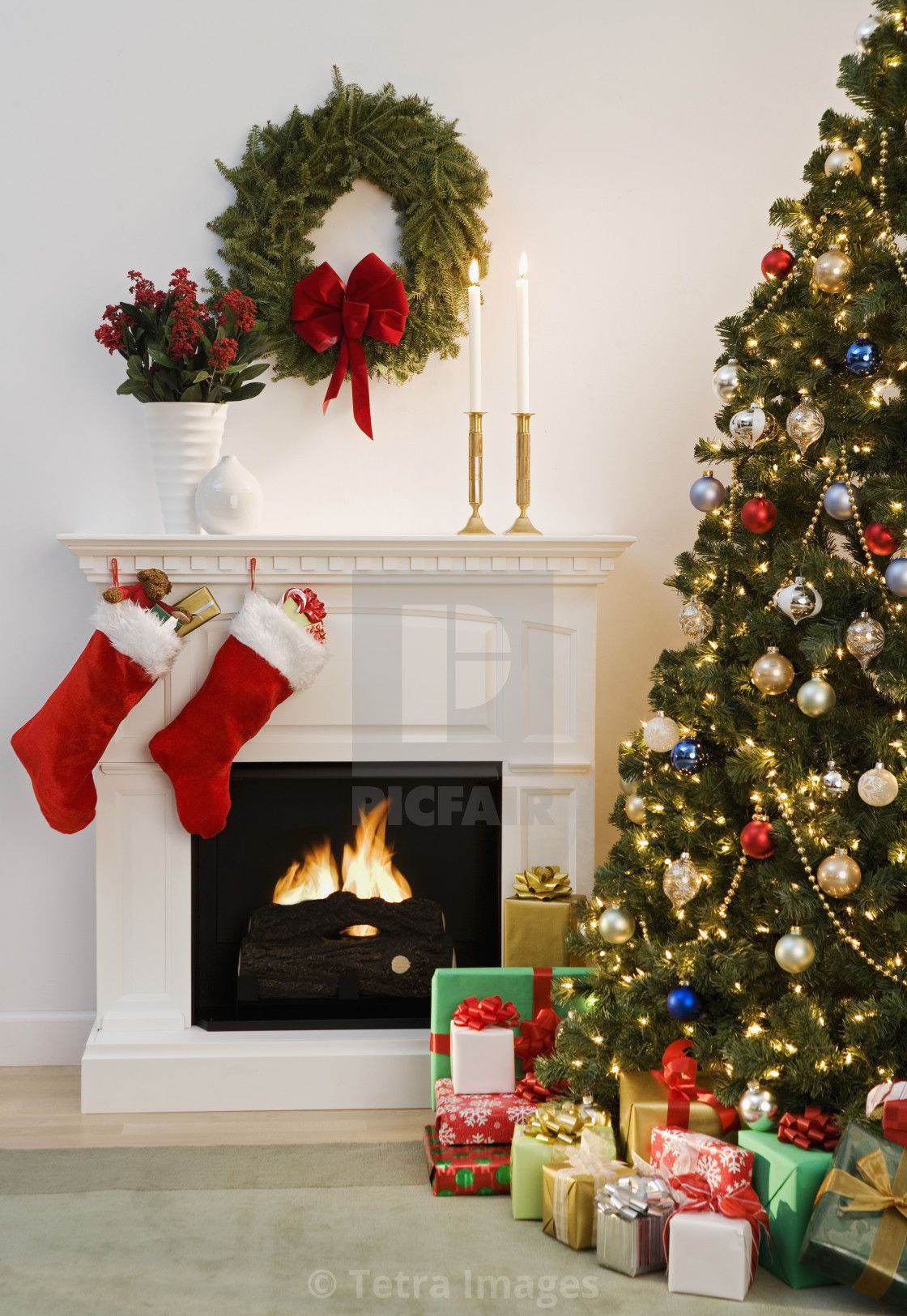 Christmas tree with presents and fireplace with stockings, download or print for £30.00
