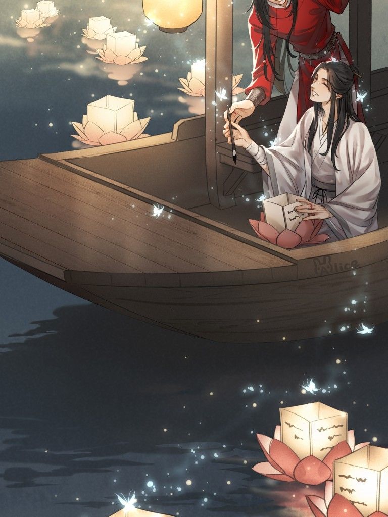 Download 768x1024 Xie Lian, Hua Cheng, Tian Guan Ci Fu, Boat, Lanterns, Chinese Outfit Wallpaper for Apple iPad Apple iPad Mini