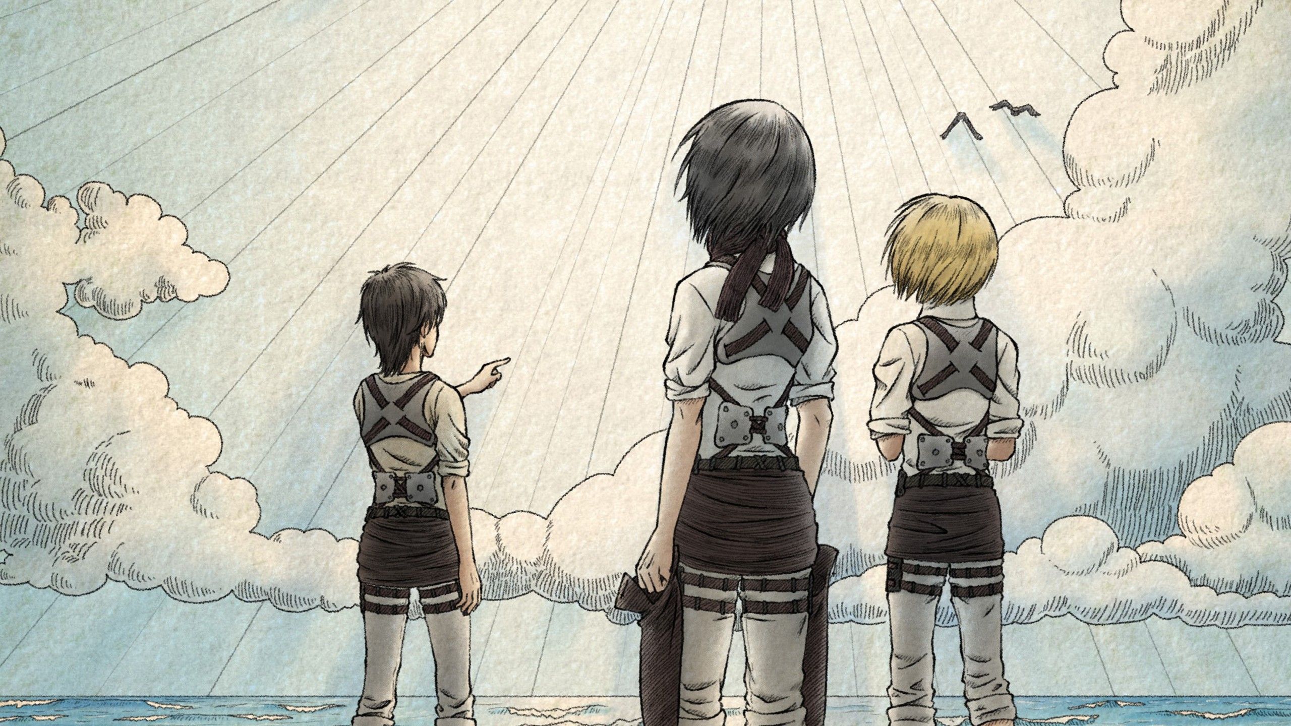 Attack On Titan Back View Armin Arlert Eren Yeager Mikasa Ackerman Standing On Beach With Background Of Sky And Clouds HD Anime Wallpaper