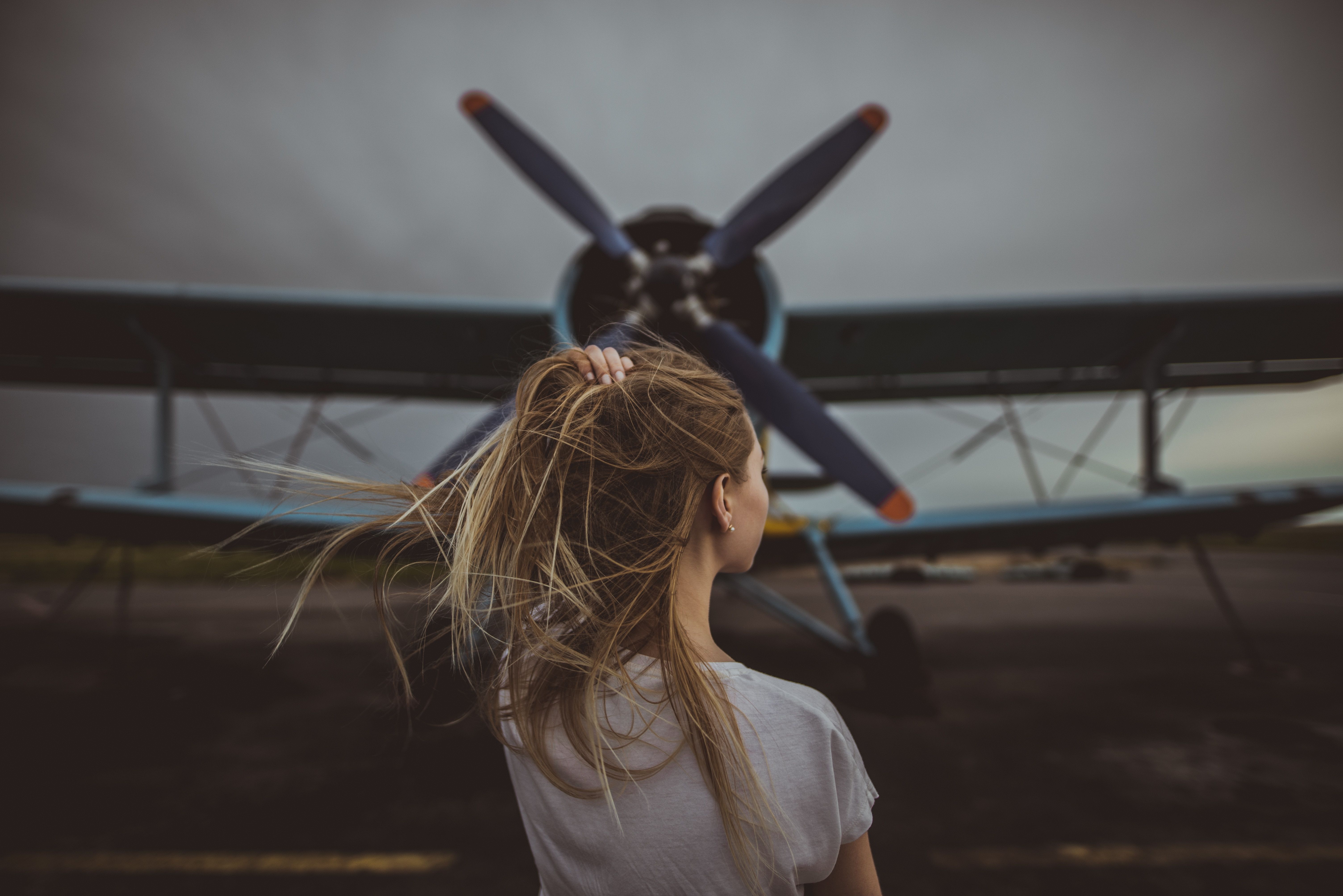 Women Hands In Hair Standing In Front Of Plane 5k, HD Girls, 4k Wallpaper, Image, Background, Photo and Picture