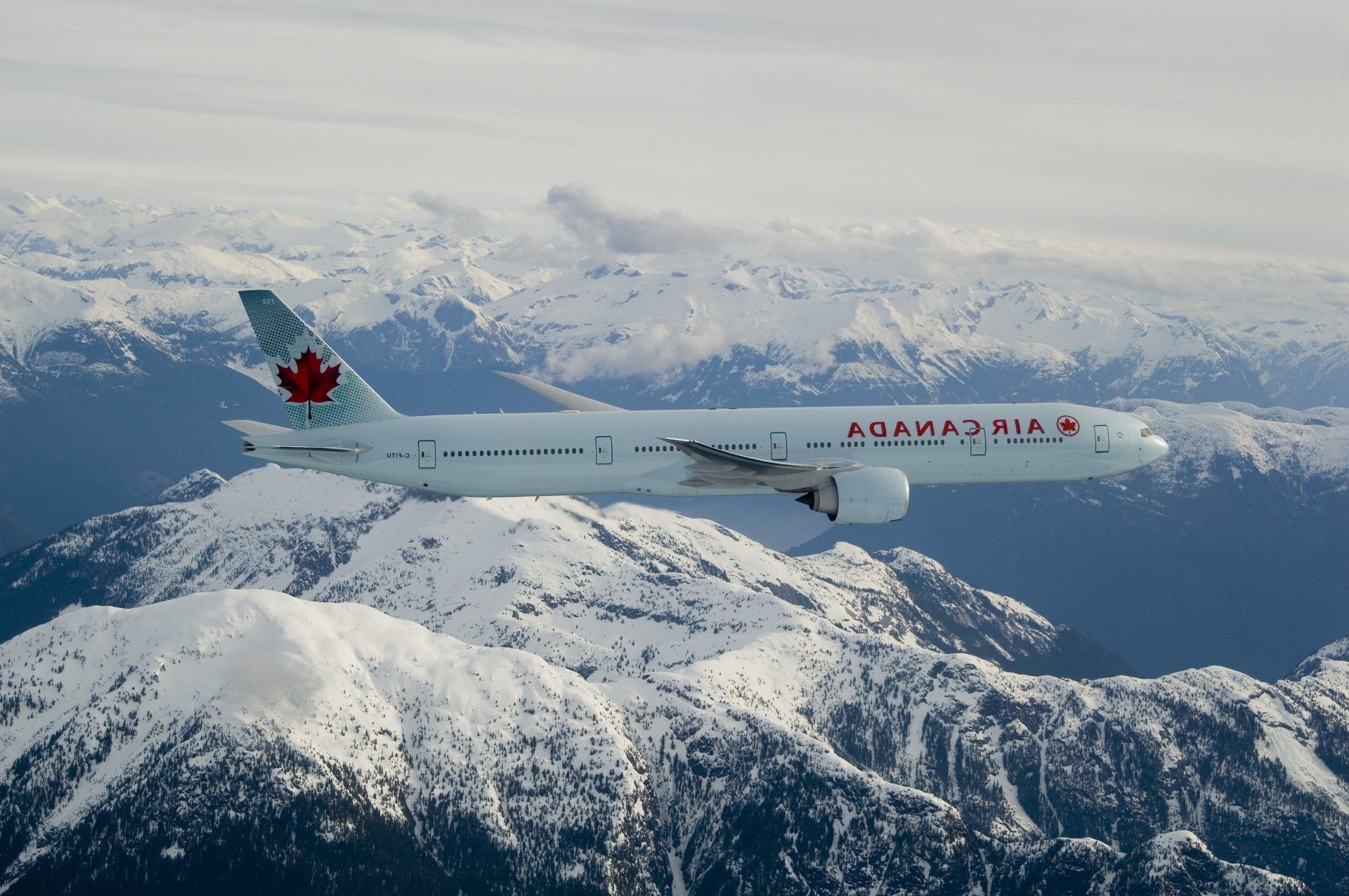 The Air Canada flight over the snowy mountains