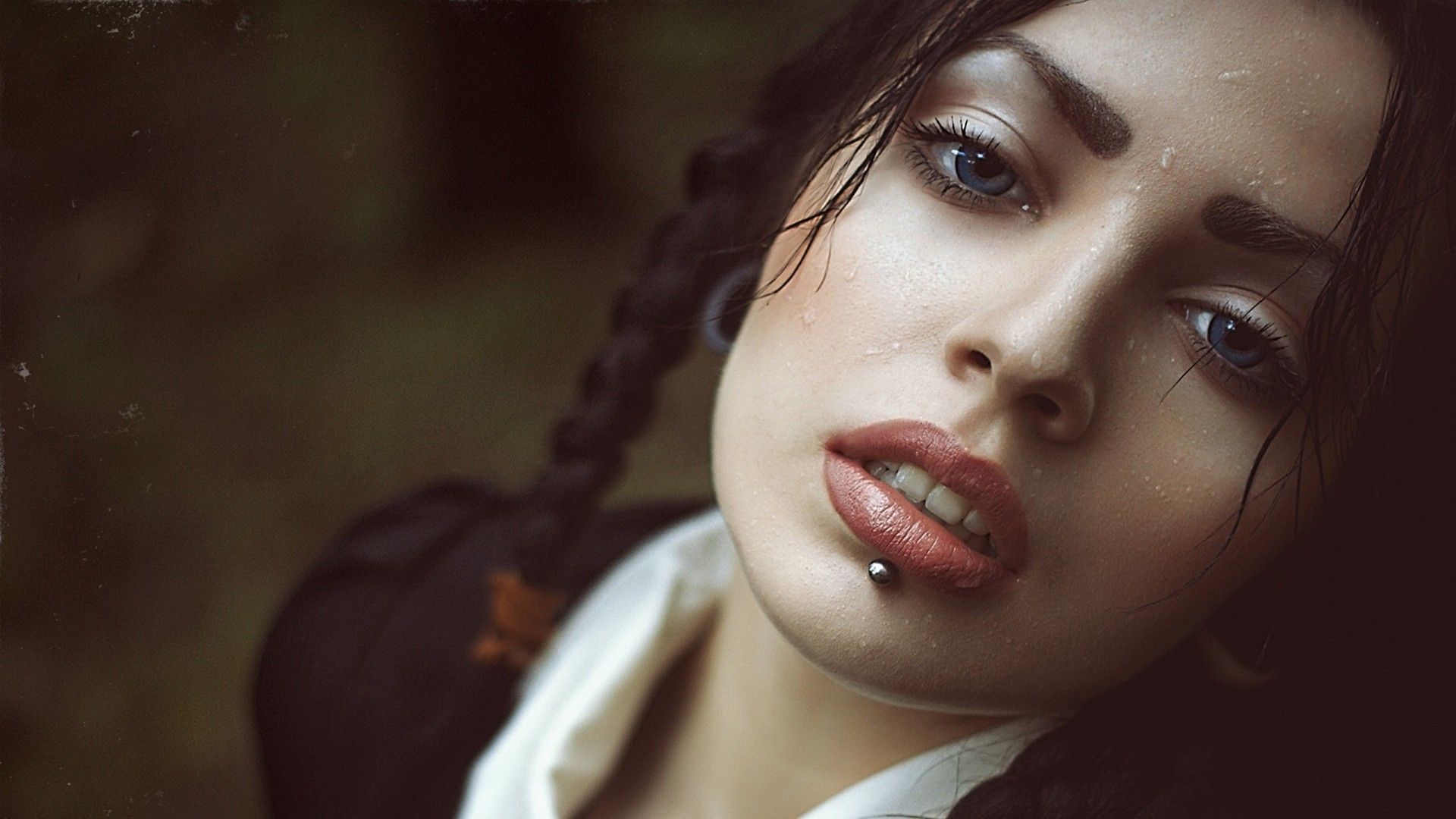 women model face brunette open mouth piercing braids pigtails blue eyes water drops wet depth of field Wallpaper HD / Desktop and Mobile Background