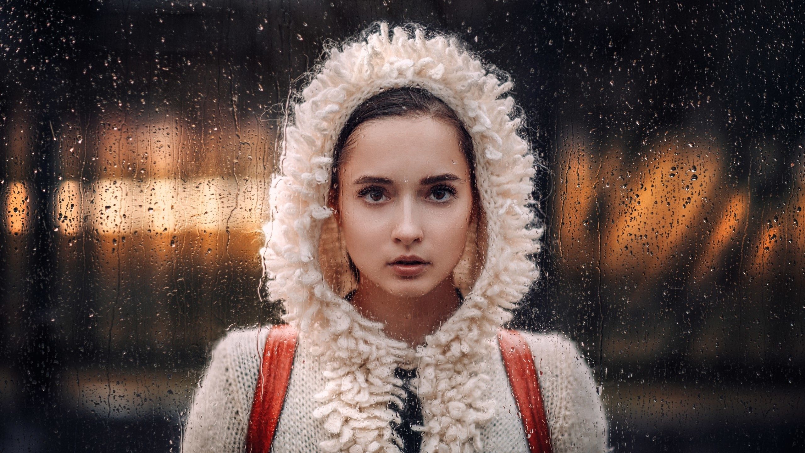 Download 2560x1440 wallpaper view through glass, girl model, water drops, dual wide, widescreen 16:9, widescreen, 2560x1440 HD image, background, 489