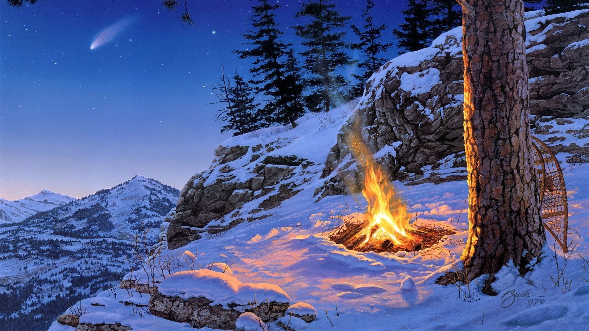 Fire on the snowy mountain wallpaper. Landscape paintings, Winter wallpaper, Winter picture