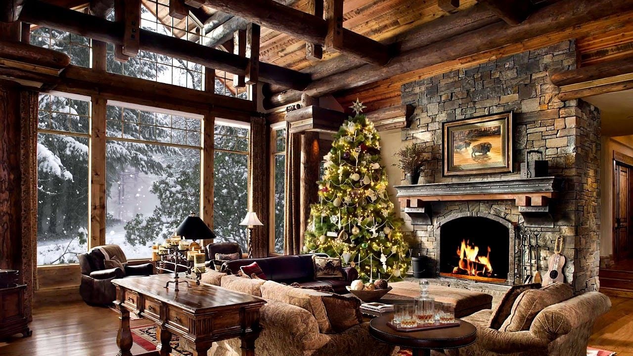 HD Christmas Tree Log Cabin Screensaver Scene crackling sound living room Snow falling