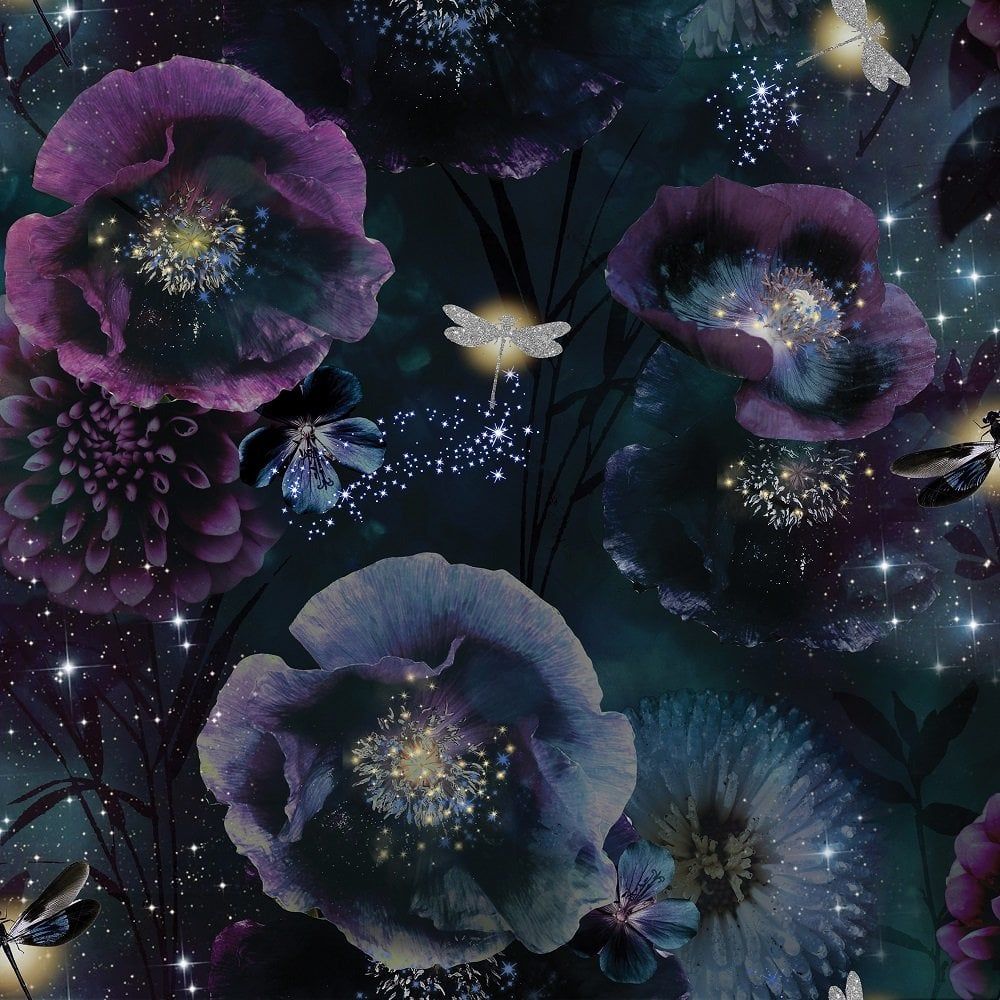 Arthouse Nocturnal Purple Teal English Garden Night Dramatic Floral Glitter Wallpaper 692301