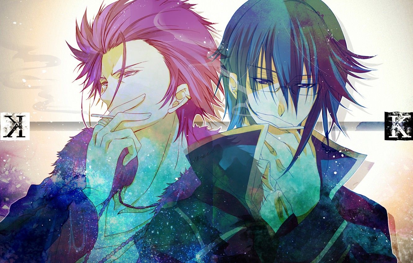 Wallpaper text, guys, cigarette, K Project, Munakata Thigh, Suoh Mikoto, red king, blue king image for desktop, section сэйнэн