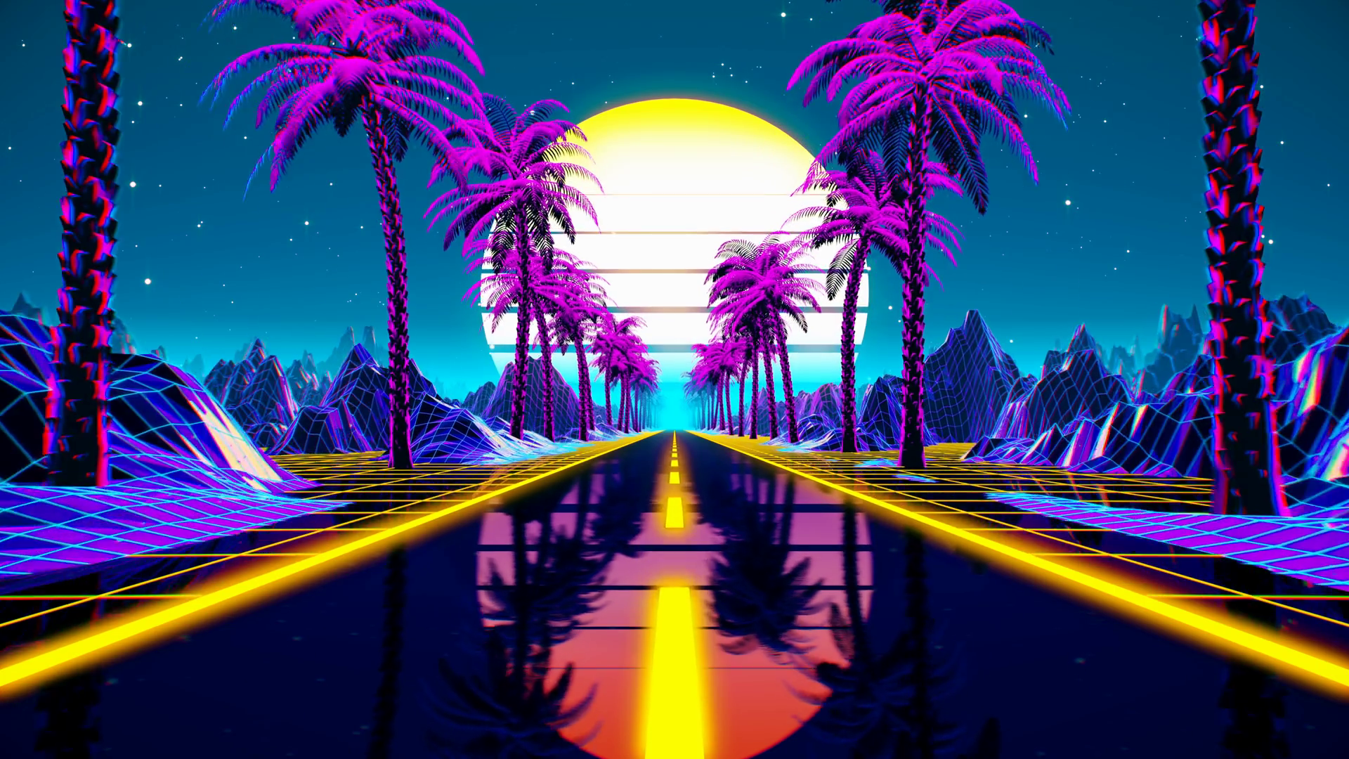80s Retro Futuristic Sci Fi Seamless Loop. Retrowave VJ Videogame Landscape, Neon Lights And Low Poly Terrain Grid. Stylized Vintage Vaporwave 3D Animation Background With Mountains, Sun And Stars. 4K Motion Background