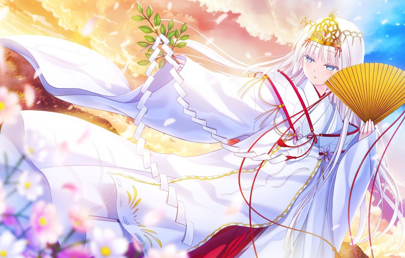 Wallpaper the sky, girl, flowers, the game, dance, the evening, morning, fan, kimono, Anime, tree branch image for desktop, section сёнэн