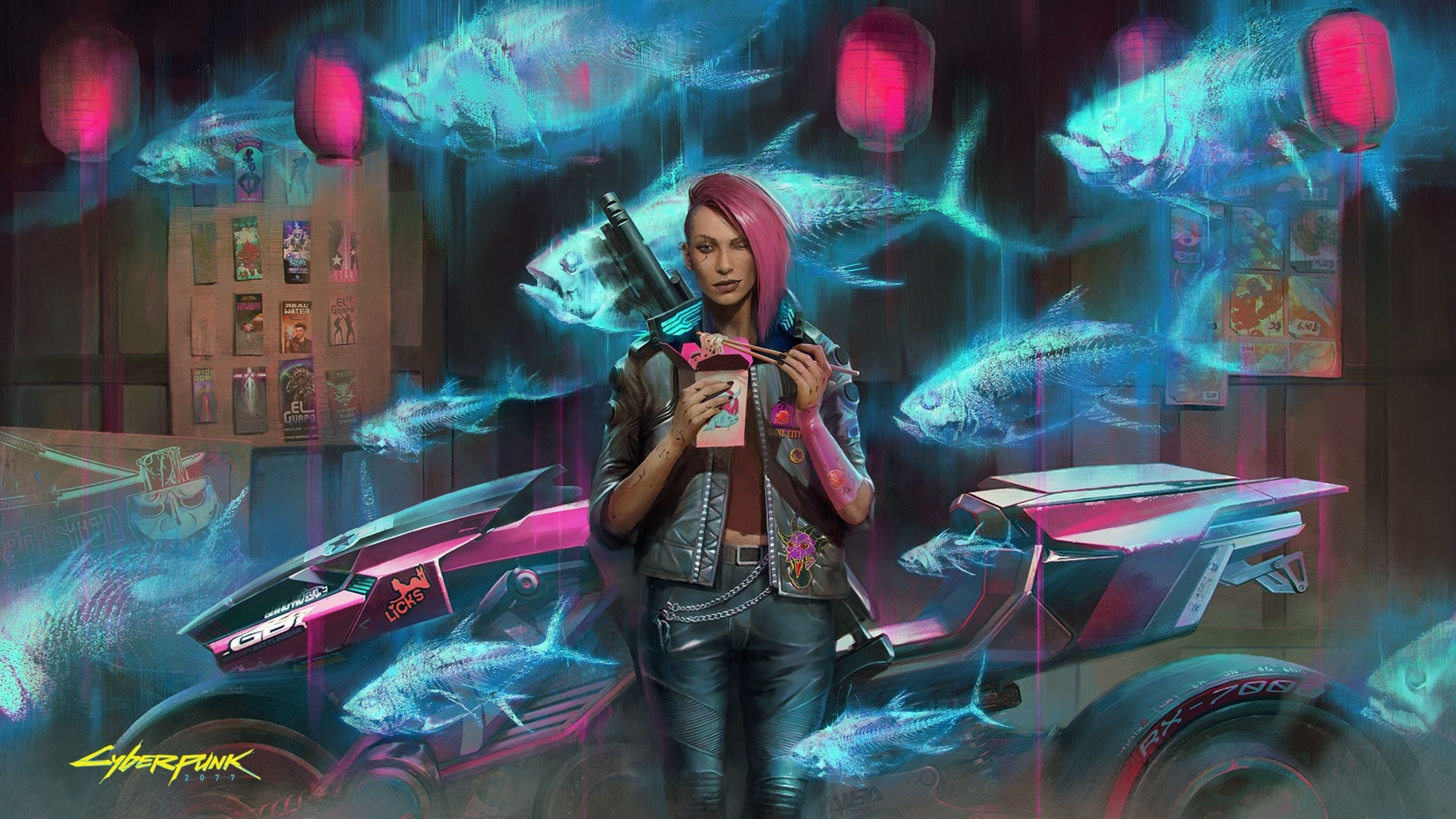 Wallpaper Girl, The city, The game, Rain, Art, Cyborg, CD Projekt